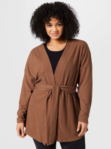 In The Style Curve Knit Cardigan in Brown: front