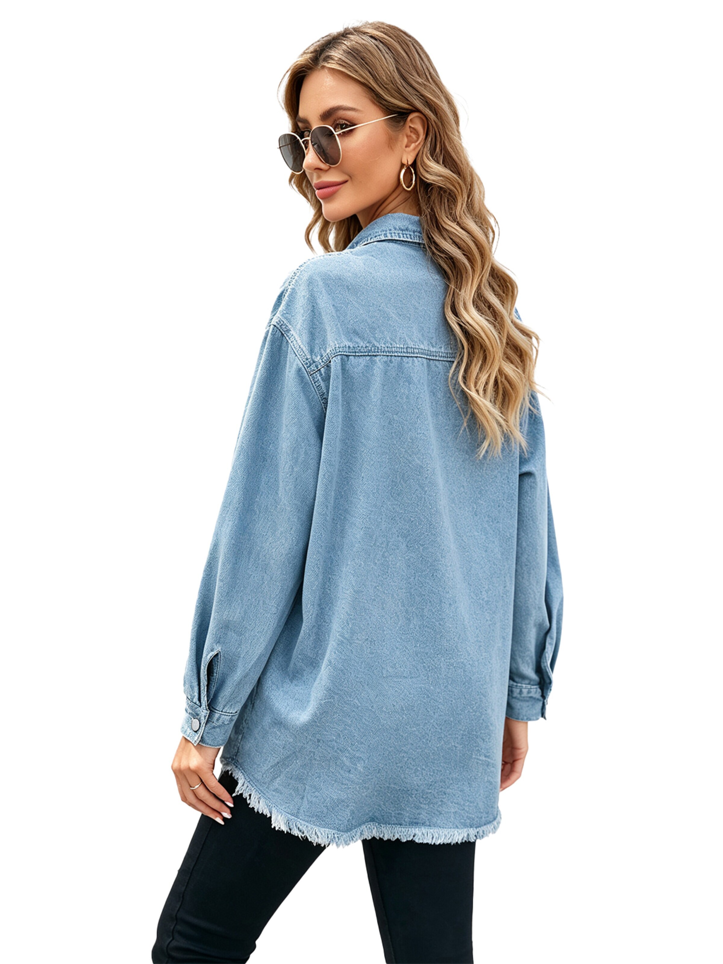 KoJooin Płaszcz letni 'Damen Übergrößen Jeansjacke mit Knopfleiste und Used-Look Trendige Denim Shacket für Herbstoutfits' w kolorze niebieski