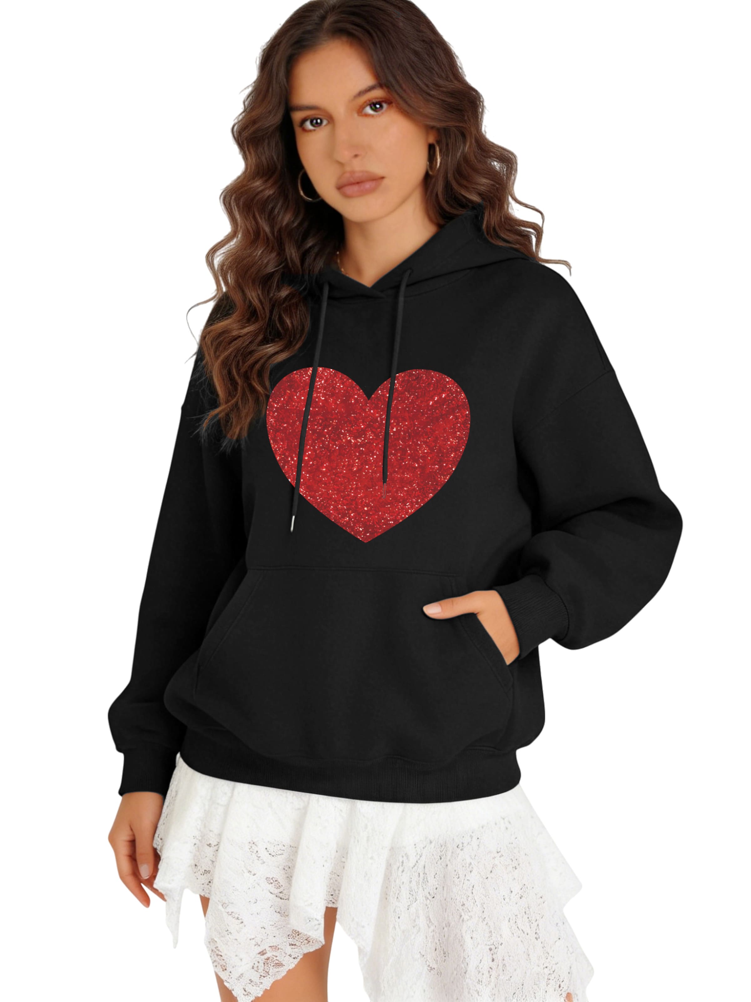 GORHEY Sweatshirt 'Women's Casual Fleece Hoodie with Red Heart Print & Large Pockets' in Black: front