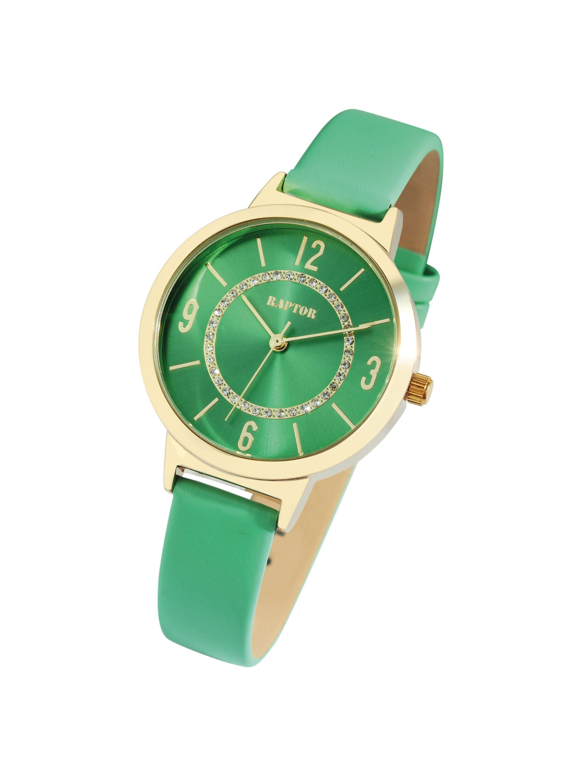 Raptor Analog Watch 'mit Lederarmband und Kristallbesatz' in Green: front