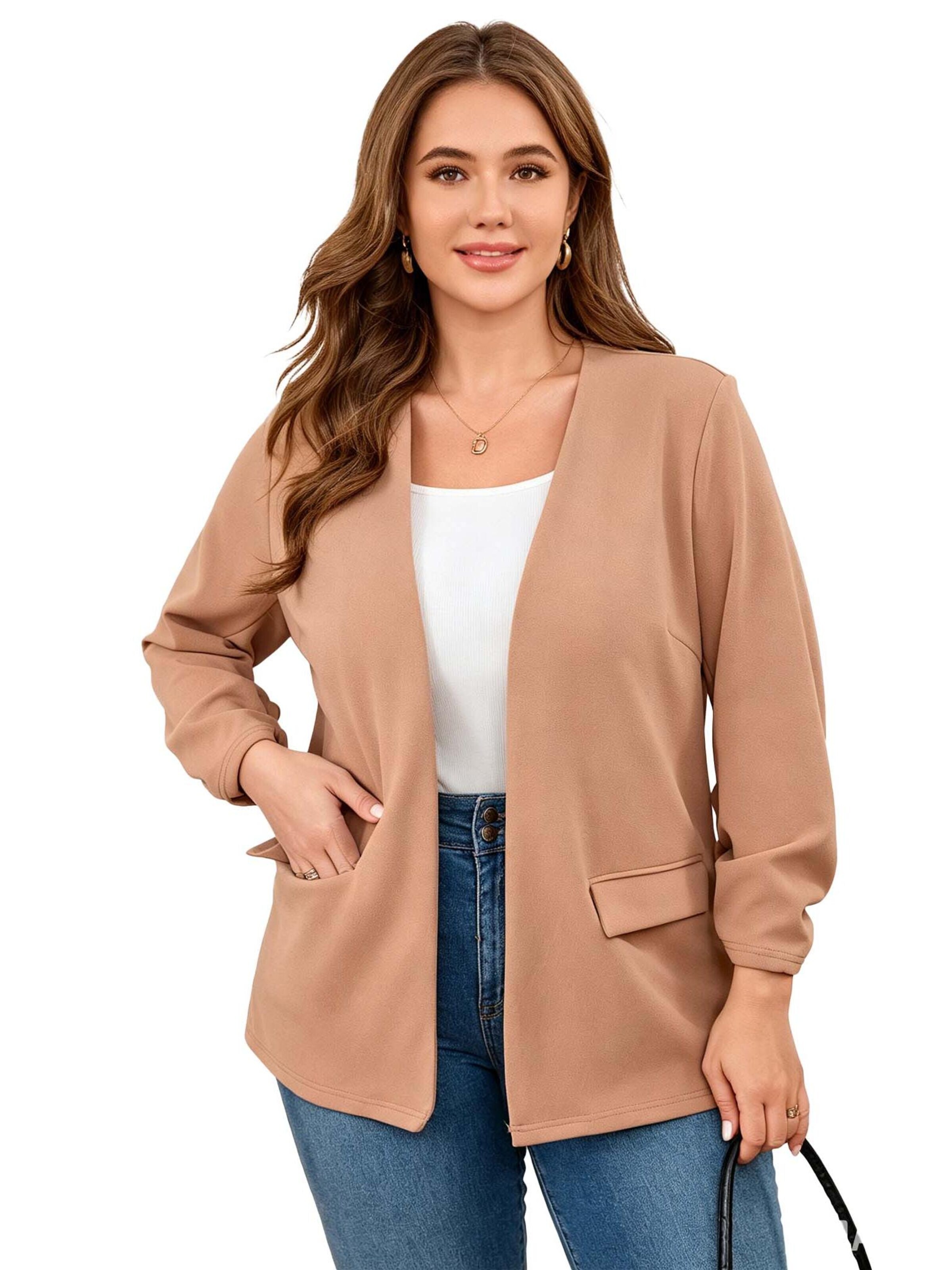 KoJooin Marynarka 'Blazer in Übergröße für Damen, lässig, fürs Büro, langärmelig, mit Knopfleiste und Taschen' w kolorze beżowy: przód