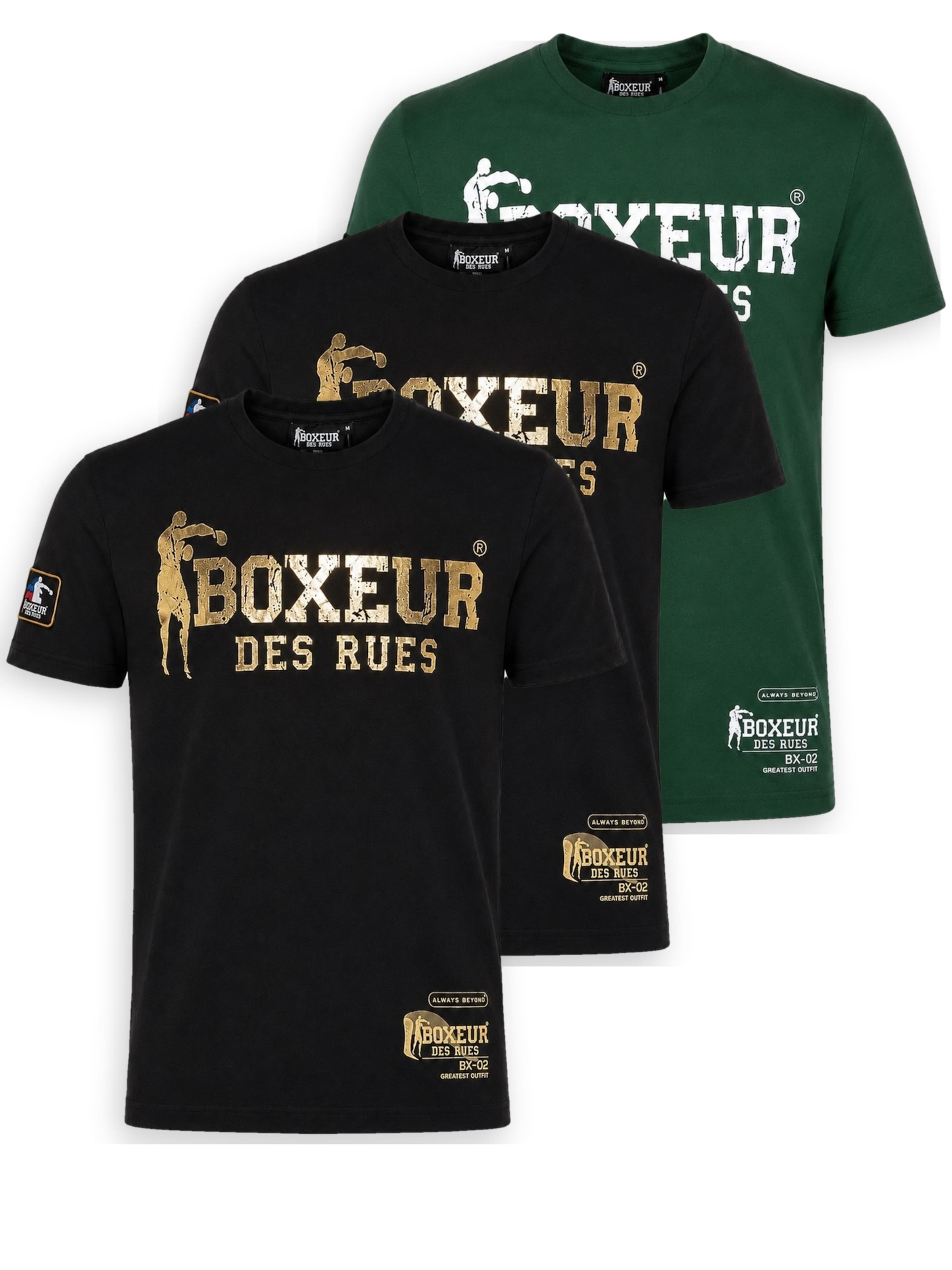 Boxeur des Rues Shirt 'Herren T-Shirt 3er-Pack Boxeur des Rues Slim Fit: 2 x Schwarz, Goldenes Logo + Dunkelgrün, Weißes Logo'‌‌‌ in Mischfarben: Vorderseite