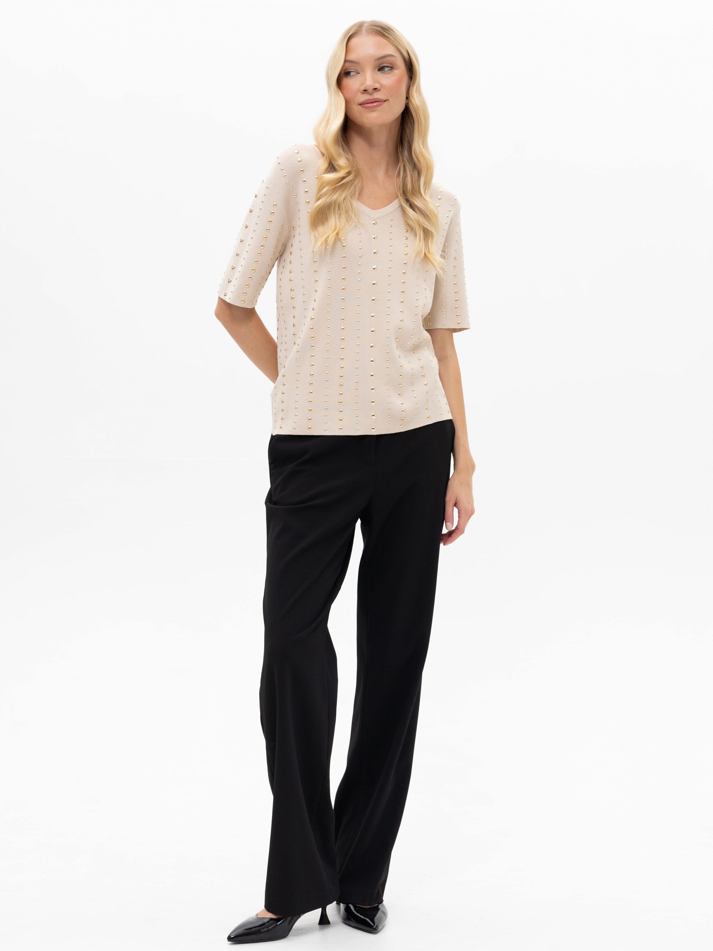 Passioni Shirt 'Kurzarm-Pullover mit Nieten' in Beige