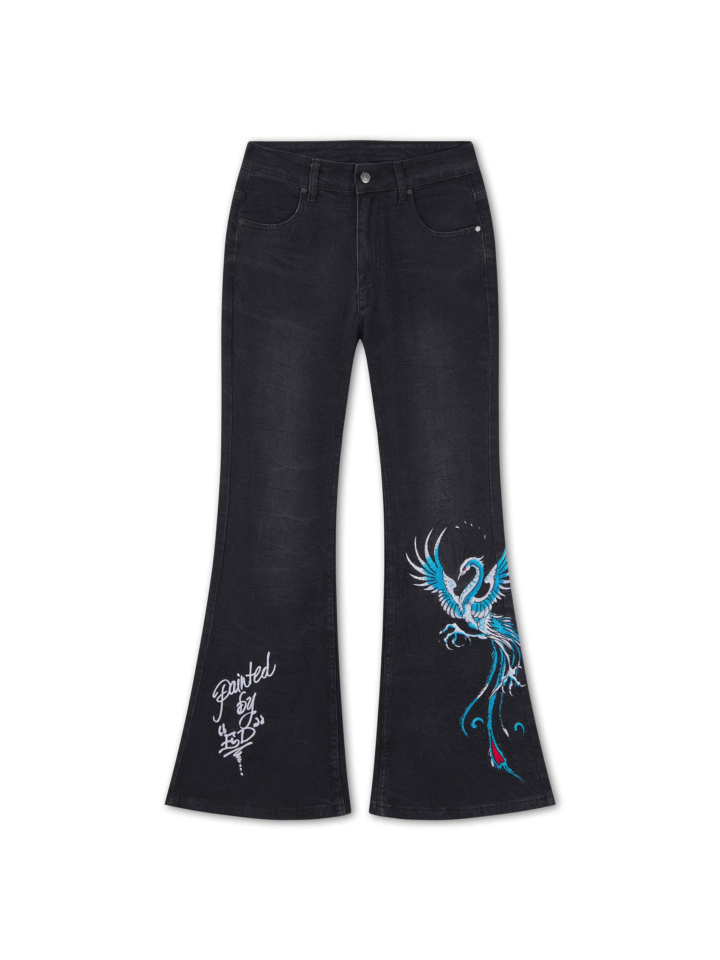 Ed Hardy Loosefit Jeans 'Rising Phoenix' in Zwart: voorkant