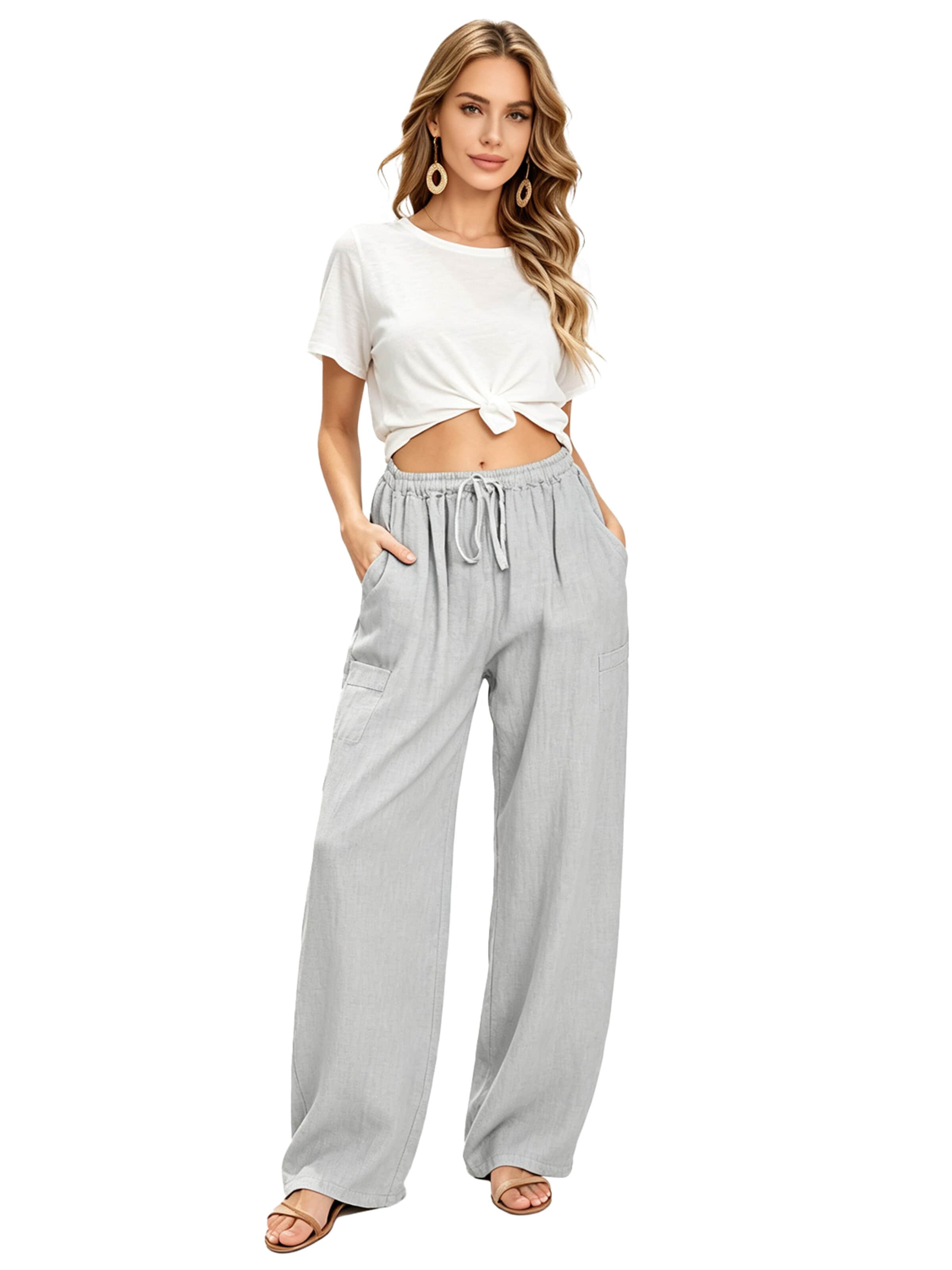 KoJooin Pants 'Damen Baumwoll-Leinen-Hose mit Kordelzug,hoher Taille und weitem Bein Bequeme, lockere Freizeithose' in 42 in Grey, Item view