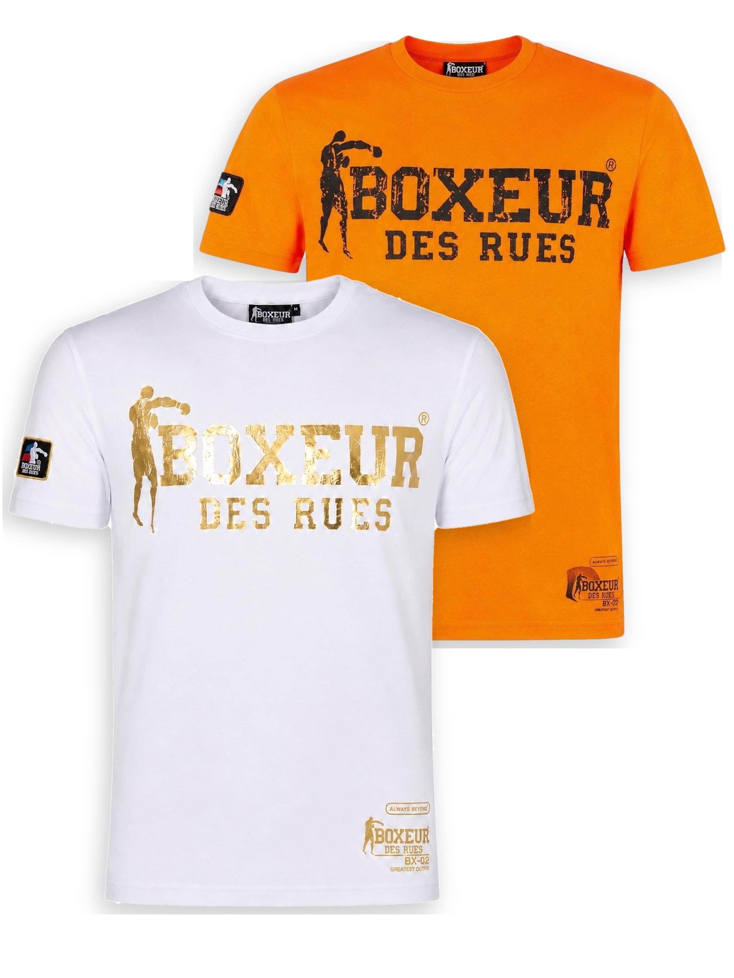 Boxeur des Rues - Camiseta 'Herren T-Shirt 2er-Pack Boxeur des Rues Slim Fit: Weiß, Goldenes Logo + Orange, Schwarzes Logo' en Mezcla de colores: frente
