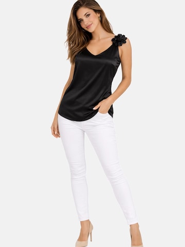 REGINA FASHION Top 'V-Neck Satin Top with 3D Flower Detail' in Black