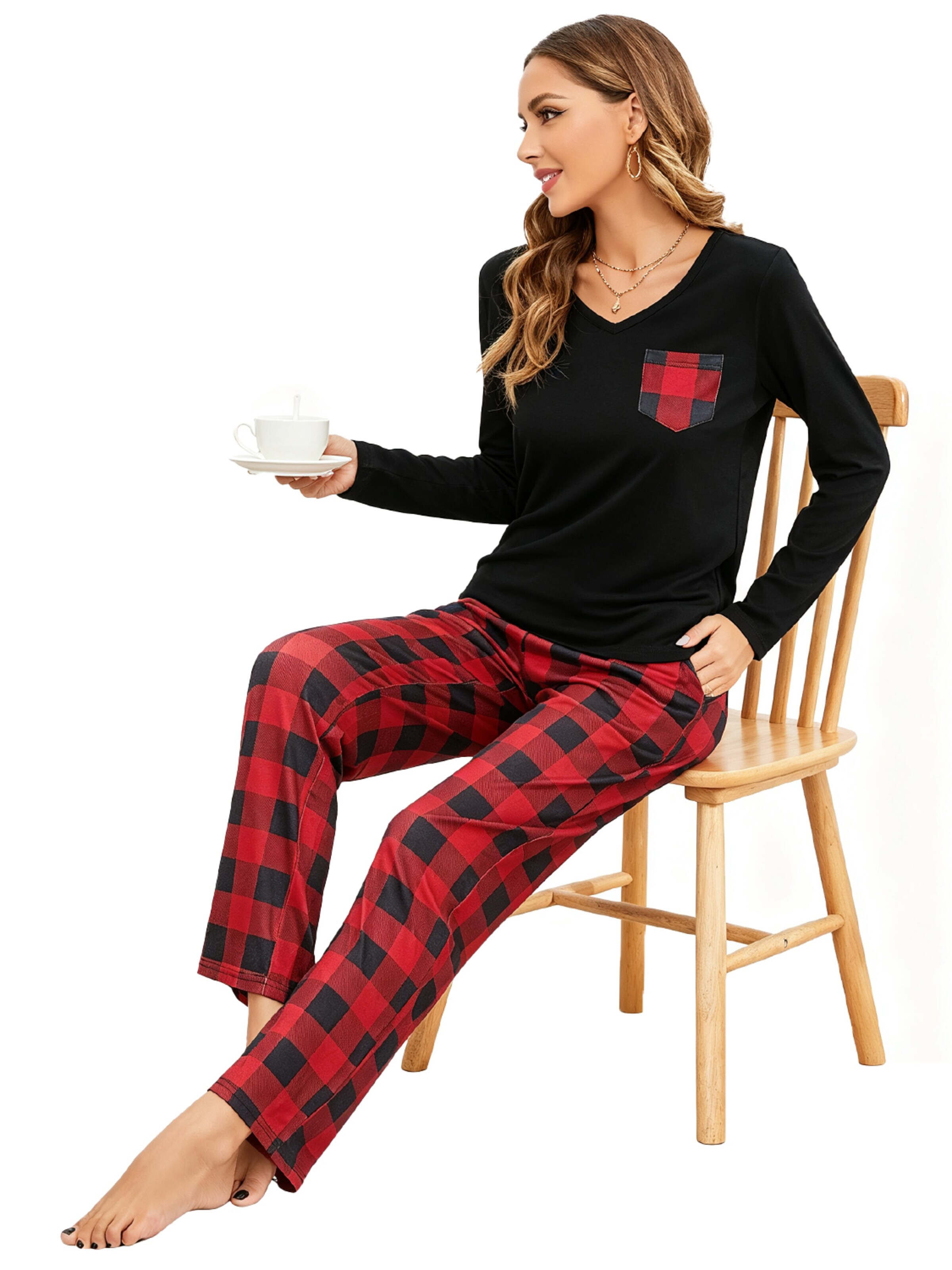 KoJooin Piżama 'Damen Weihnachts-Pyjama-Set im Karierten Design Klassische,Langärmelige Loungewear für Familiäre' w kolorze czerwony