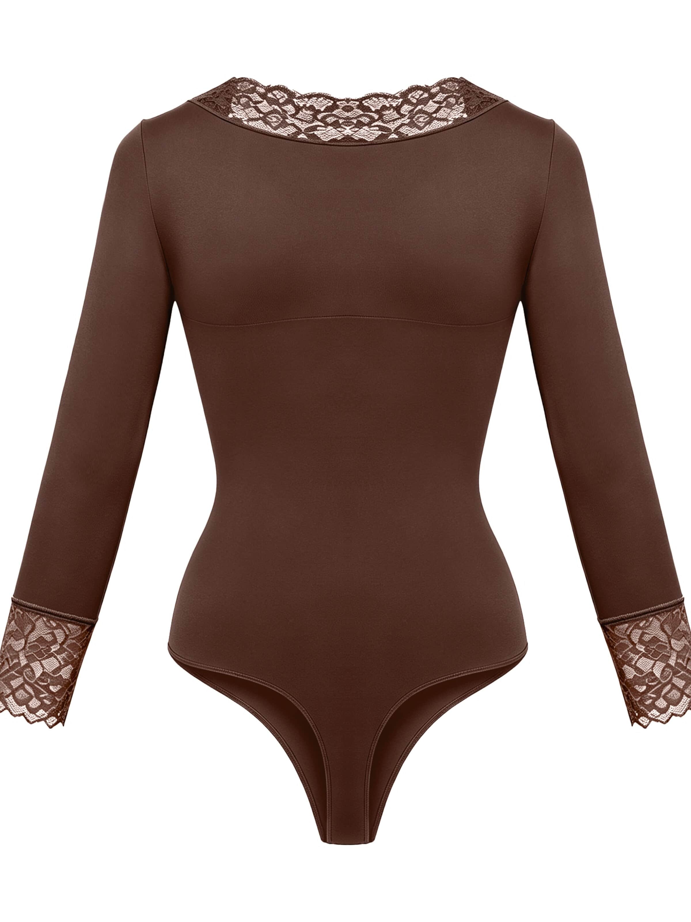 cfab - Body moldeador 'Clean Longsleeve V-Neck with Lace Sculpting Bodysuit with String' en marrón