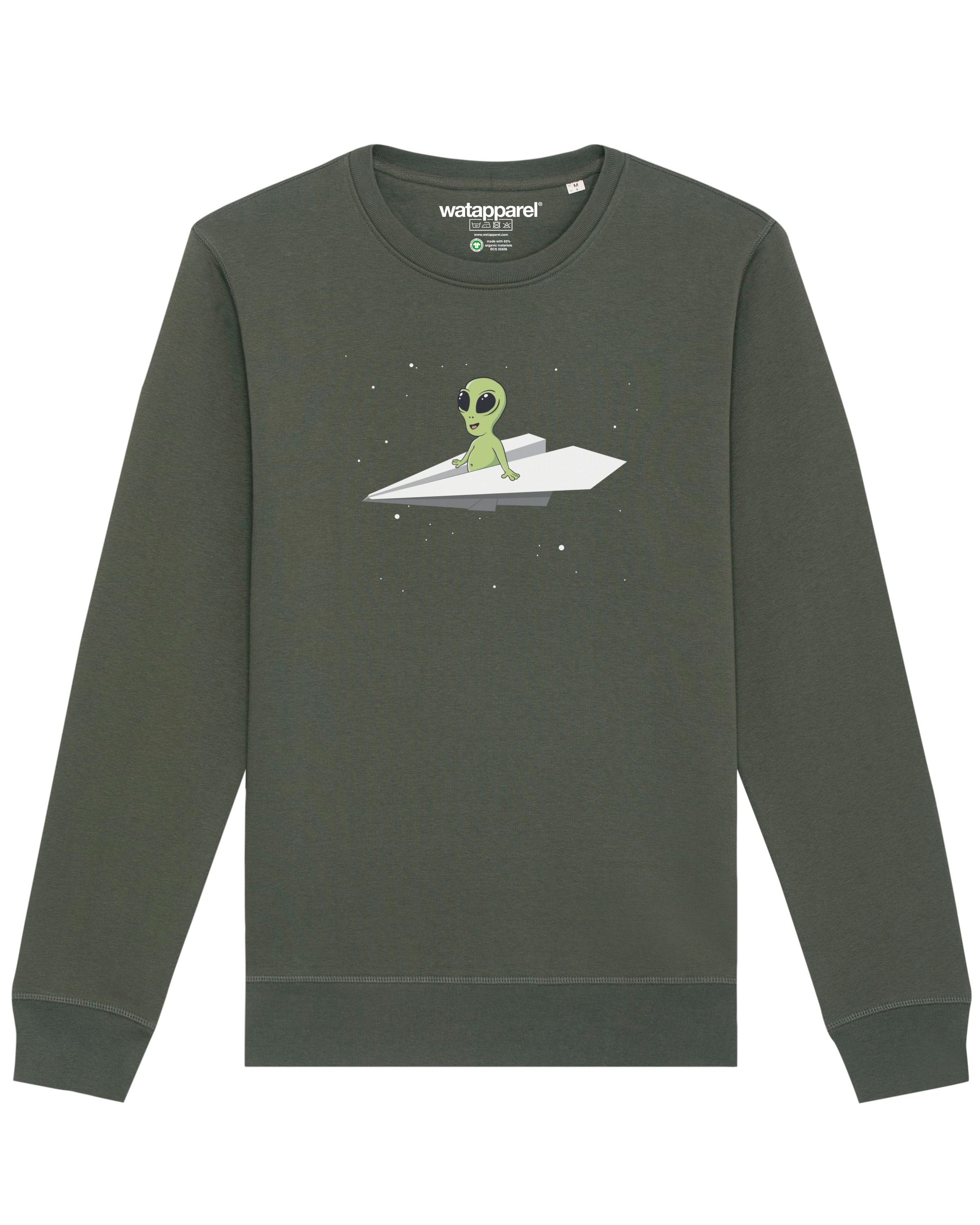 Watapparel Sweatshirt ' Alien on a paper plane ' in Groen: voorkant