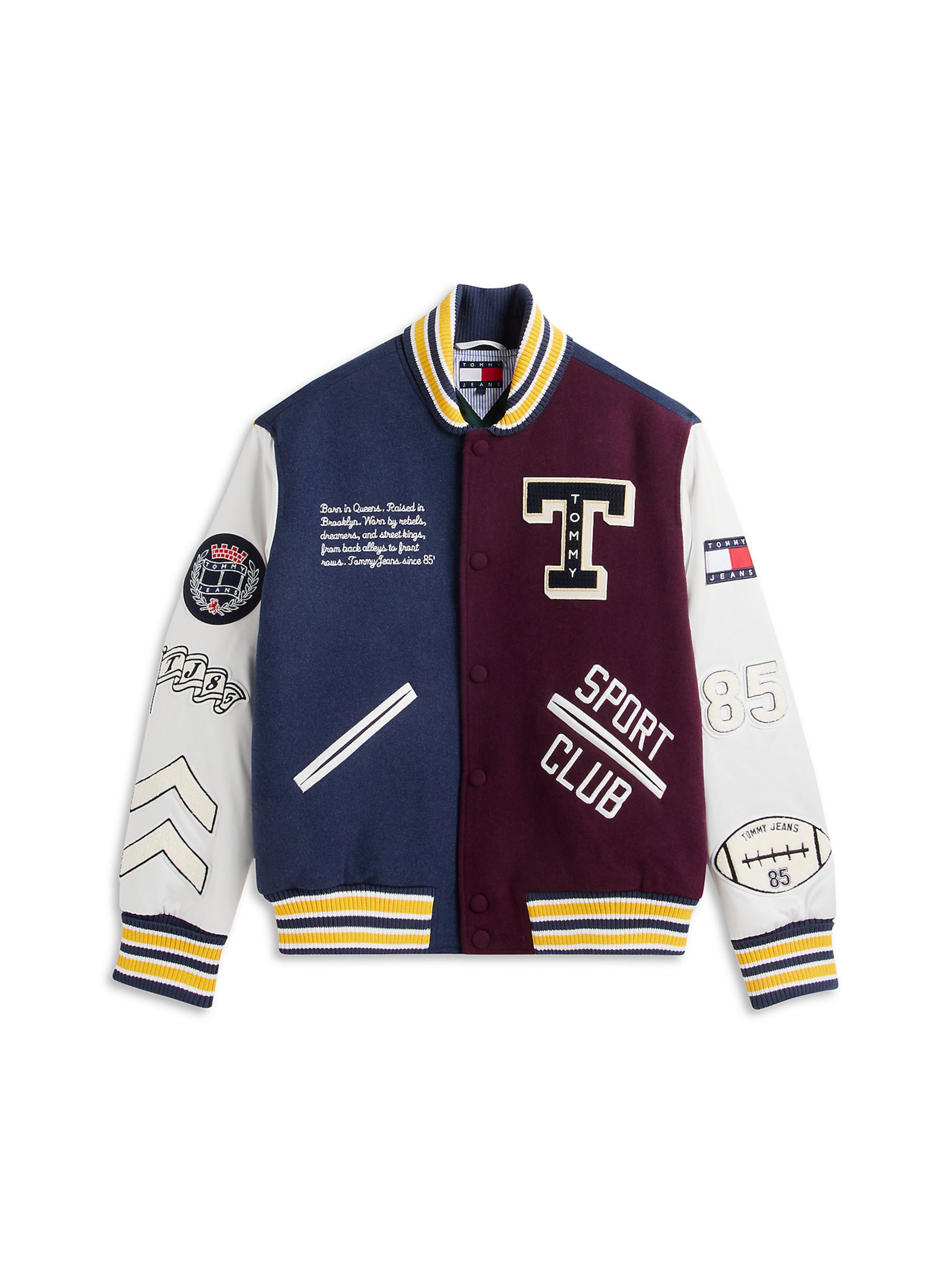 Tommy Jeans Between-Season Jacket 'LETTERMAN' in XS in marine blue / yellow gold / Wine red / White, Item view