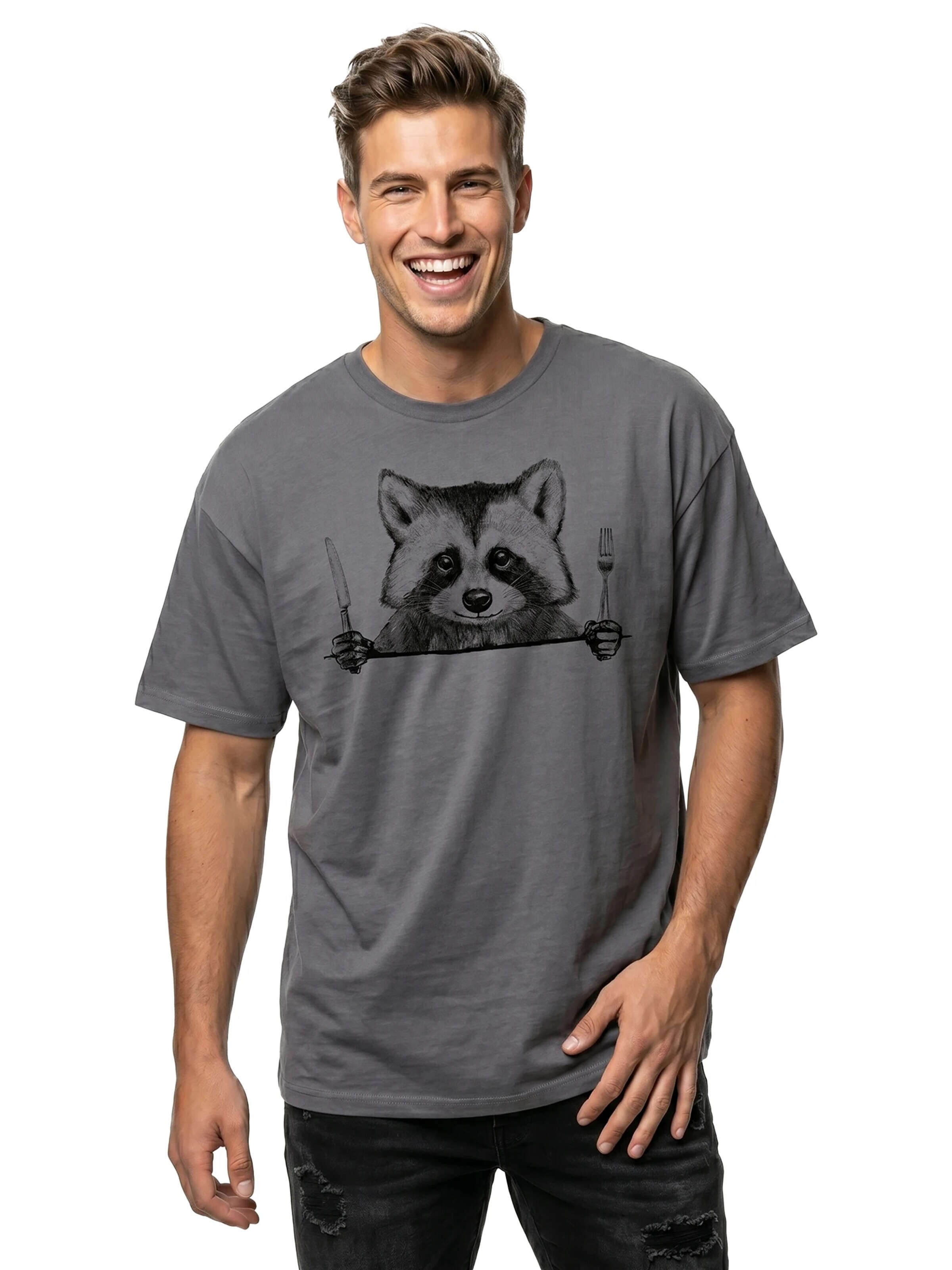 MAKAYA Shirt 'Waschbär Gabel' in Grey