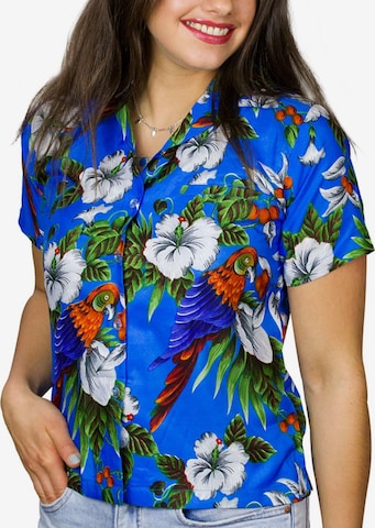 King Kameha Bluse 'Cherryparrot' in Blau: Vorderseite