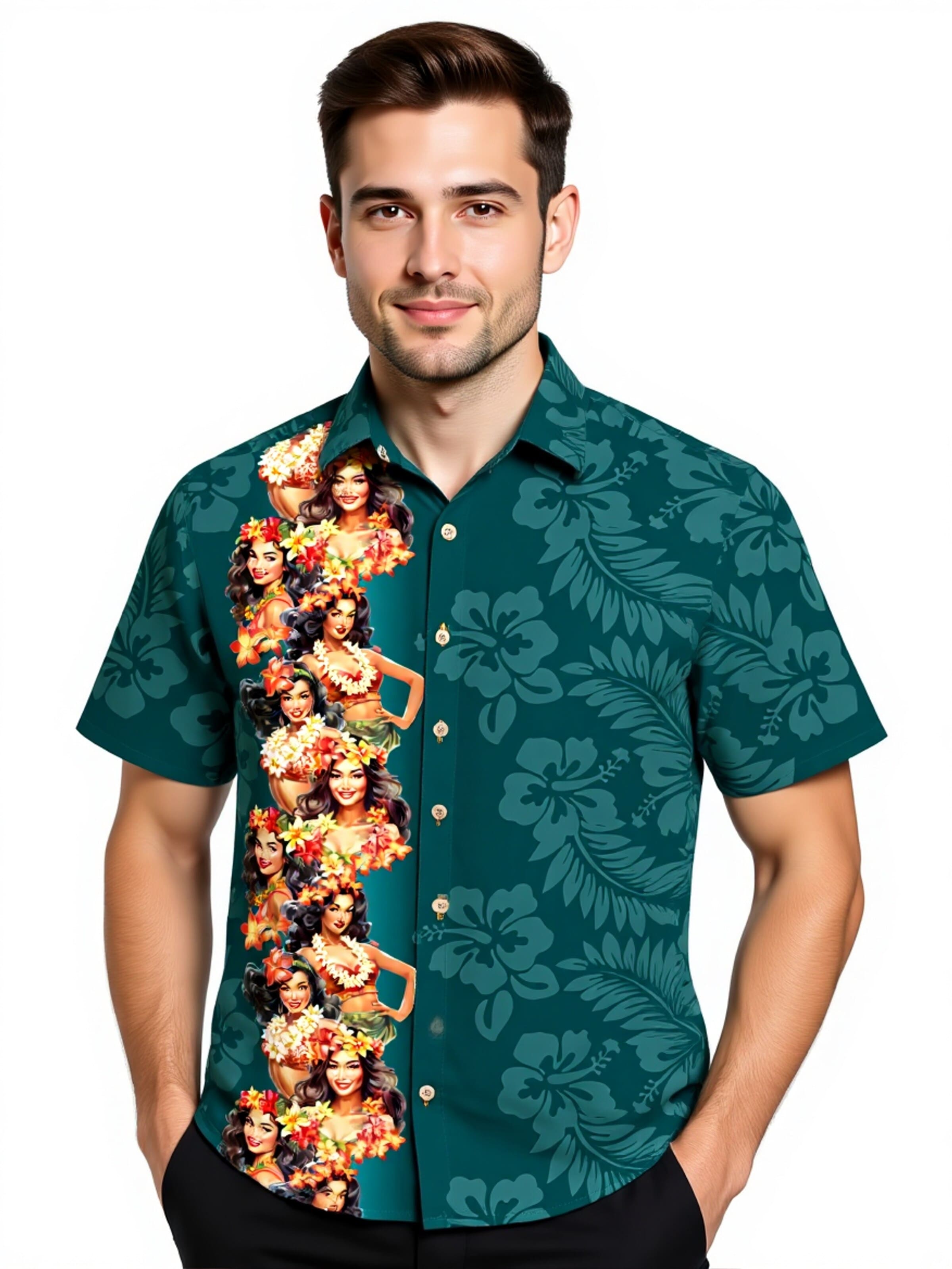 Hawaiihemdshop.de Regular fit Button Up Shirt 'Hawaiihemd "Girls of Hawaii"' in Green: front