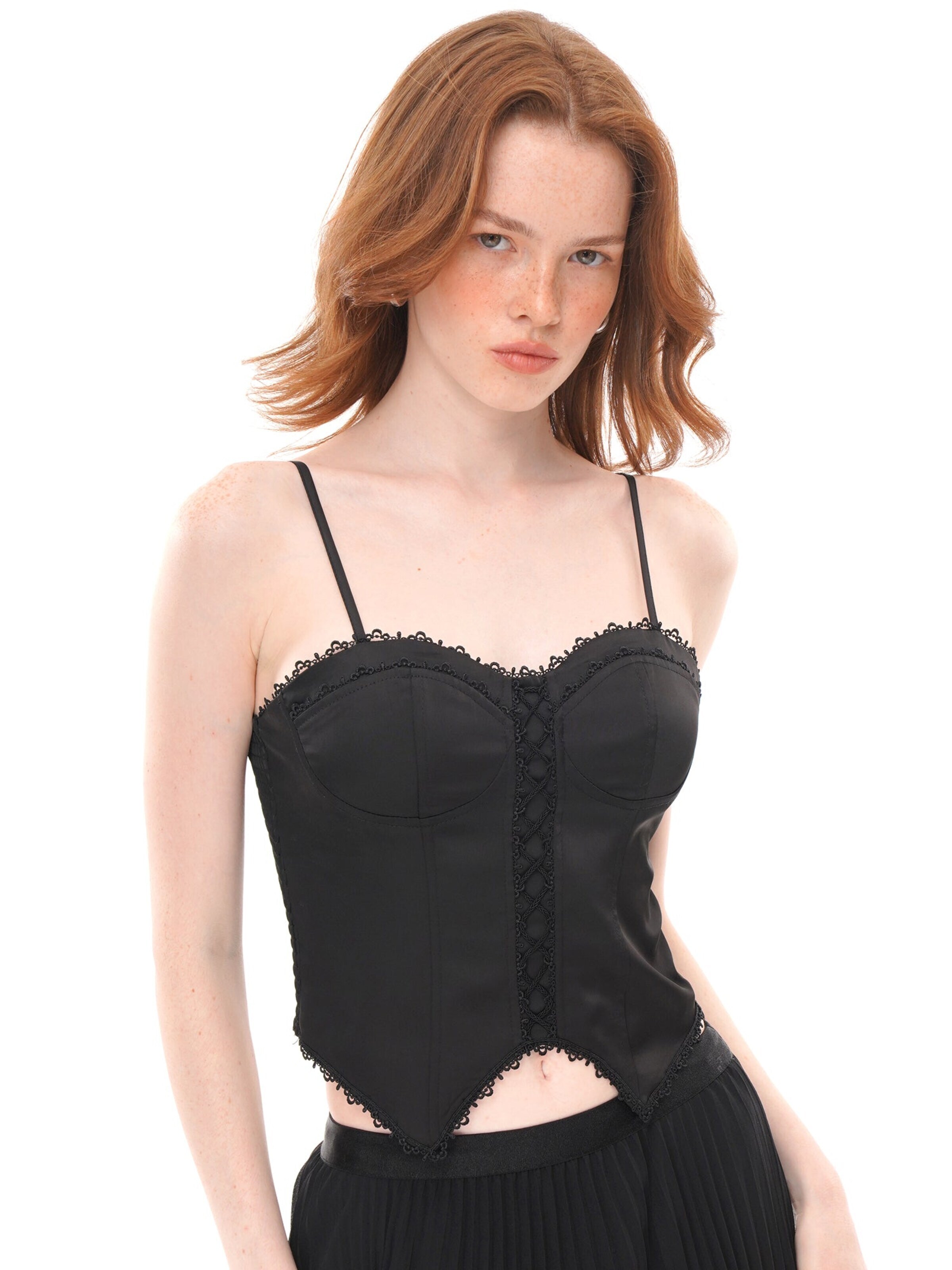 yoligex Overdel 'Black Satin Lace Trim Corset Cami Top, Sweetheart Neck Front Lace-Up Irregular Pointed Hem' i L i sort, Produktvisning