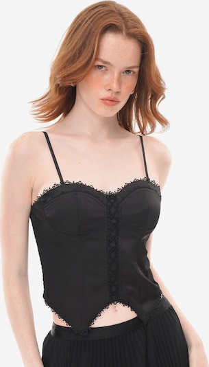 yoligex Top 'Black Satin Lace Trim Corset Cami Top, Sweetheart Neck Front Lace-Up Irregular Pointed Hem' in L in schwarz, Produktansicht
