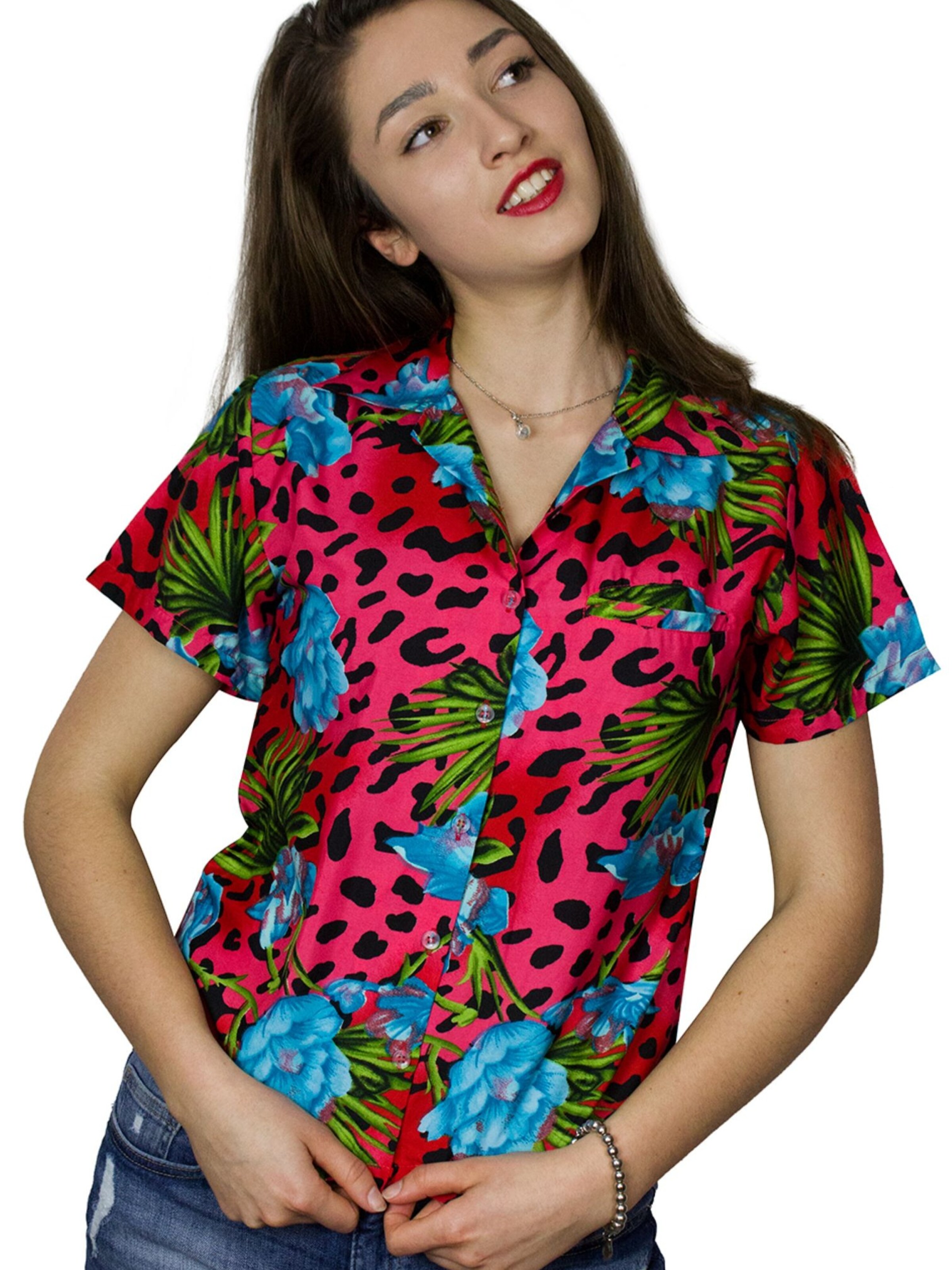 King Kameha Blouse 'Leopard Flowers' in Red: front
