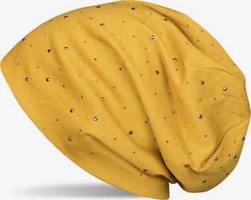 styleBREAKER Mütze 'Beanie mit Strass Nieten Applikation' in Gelb: Vorderseite