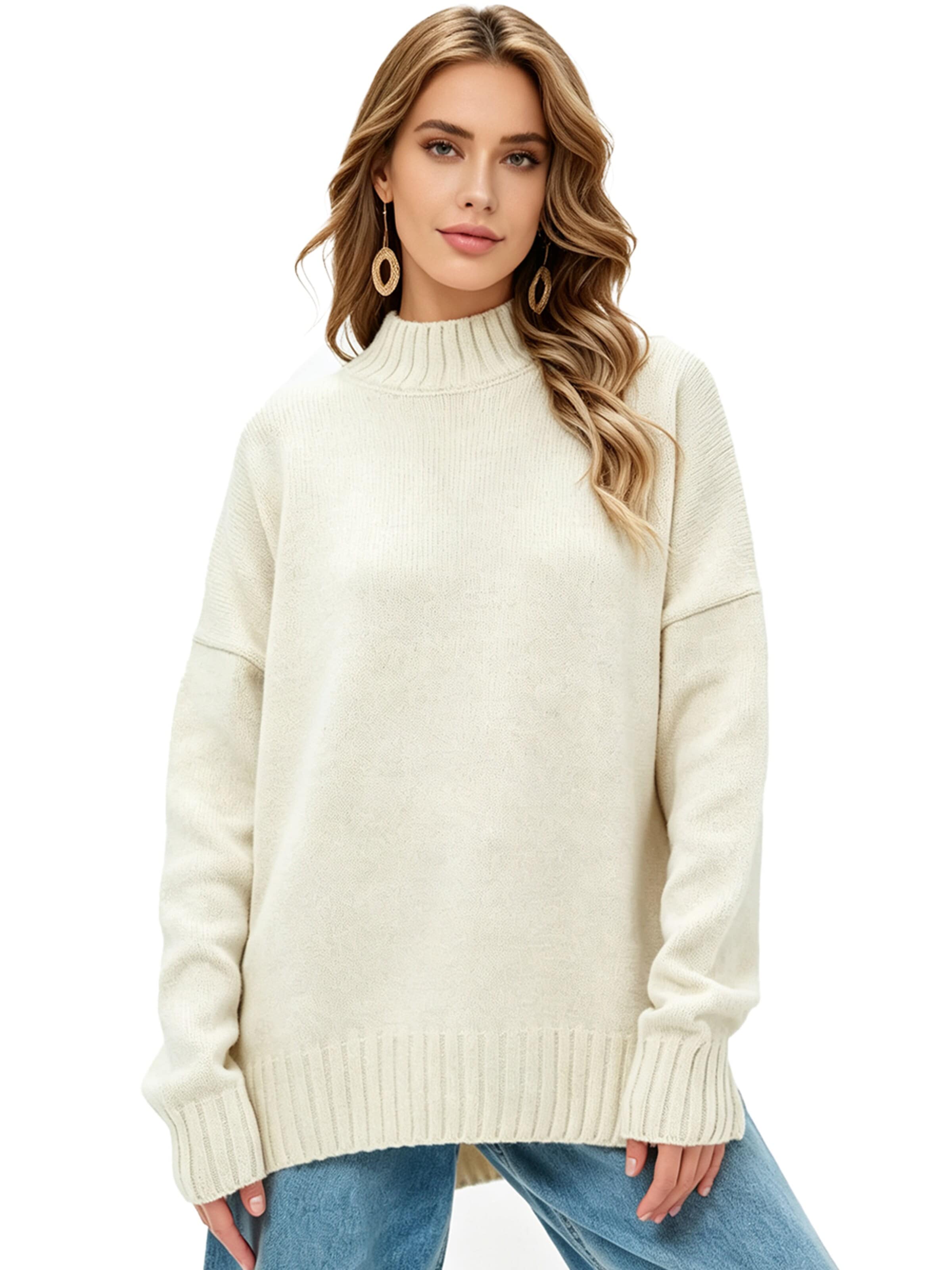 KoJooin Sweter 'Damen Halbhoher Rollkragenpullover – Lockerer, Gestrickter Pullover mit Rippstruktur für Freizeit' w kolorze biały: przód
