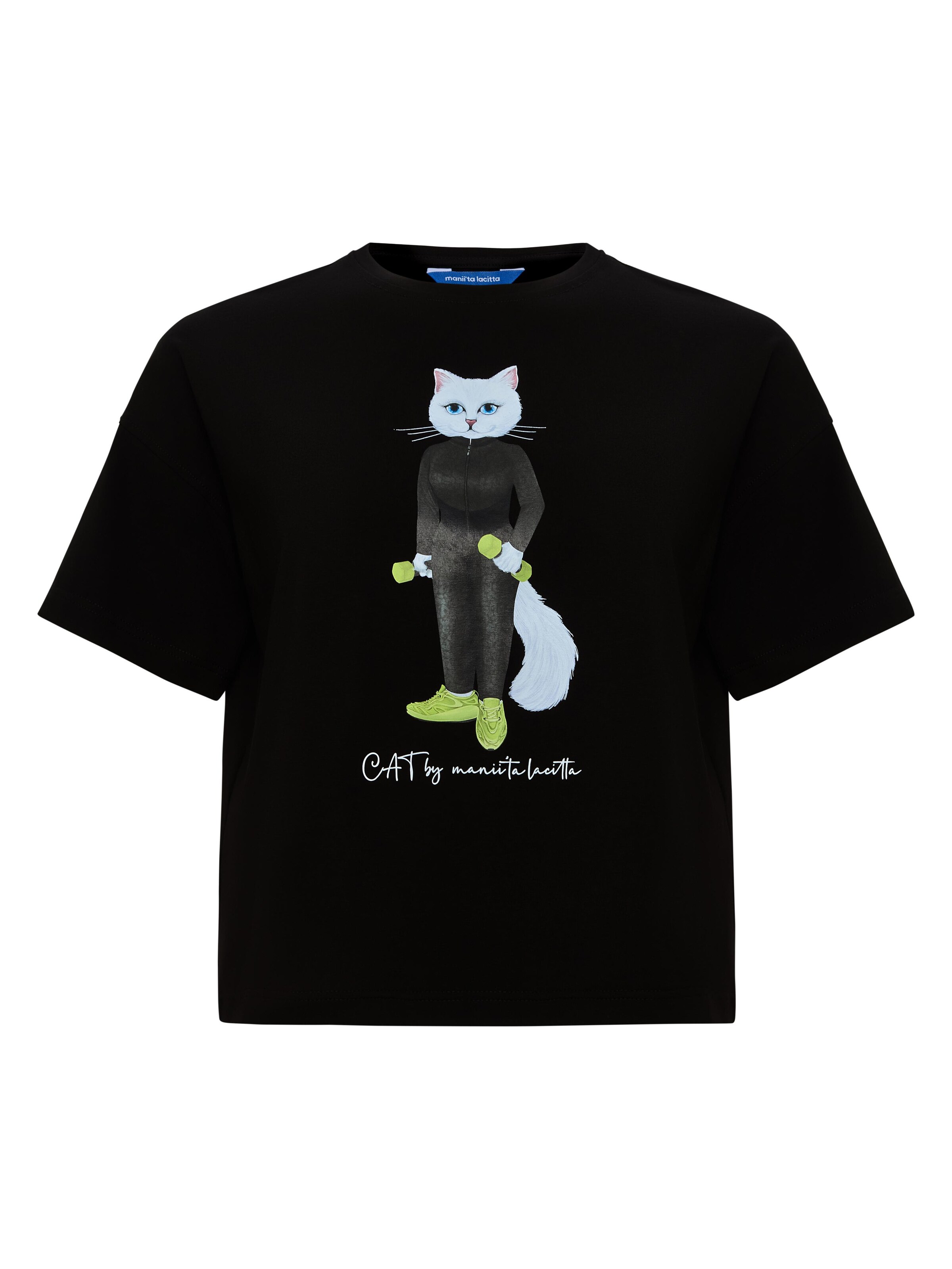 Cat e Lolette Shirt 'Sport Cat with Dumbbells'‌ in Schwarz: Vorderseite