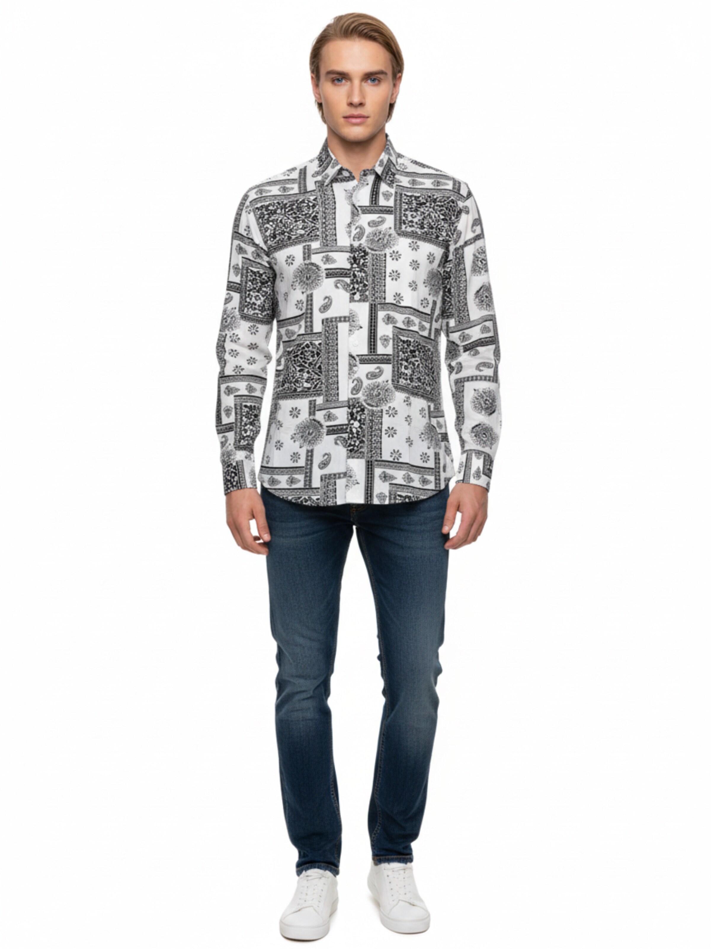 Radwa Regular fit Button Up Shirt 'Men's Viscose multicolor pattern shirt' in White