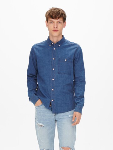 Only & Sons Regular fit Button Up Shirt 'Chambray' in Blue: front