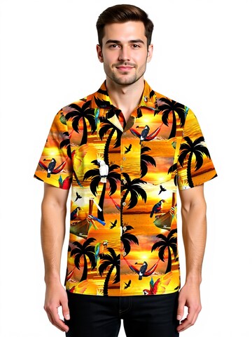 Hawaiihemdshop.de - Regular Fit Camisa 'Hawaiihemd "Sunshine Parrots"' em laranja