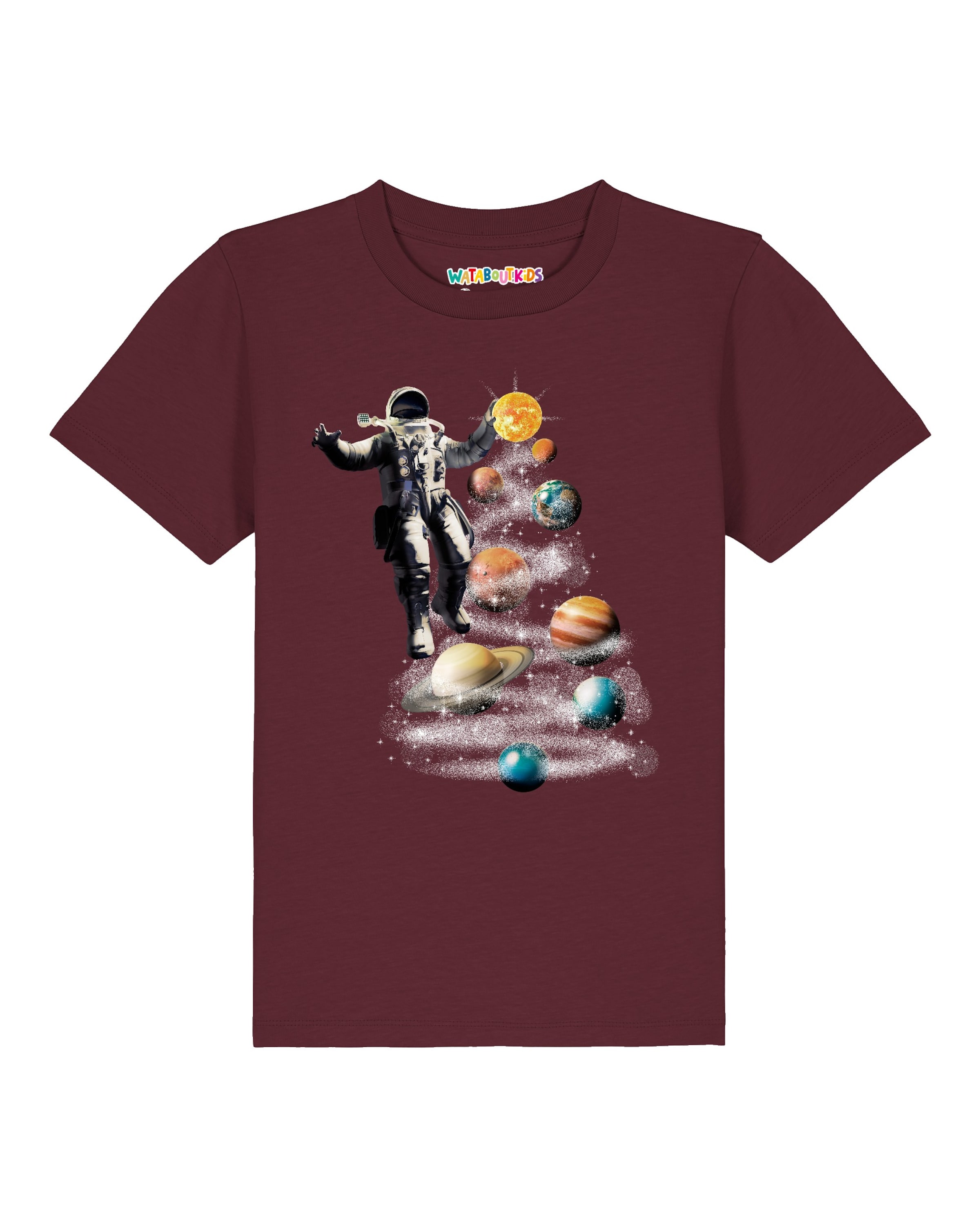 watabout.kids T-Shirt ' Weltraumreise ' en 110-116 en bordeaux, Vue avec produit