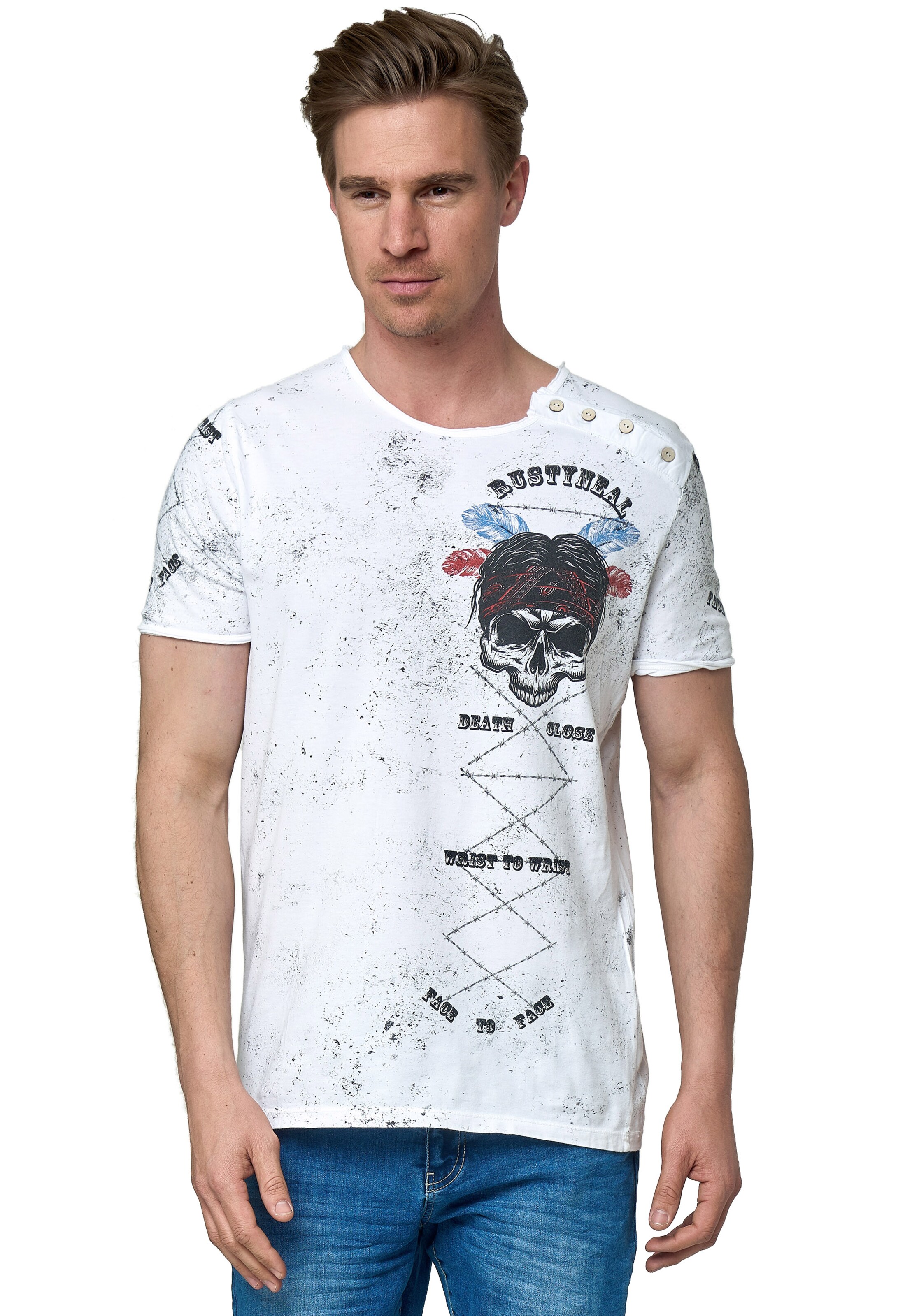 Rusty Neal T-Shirt mit verwaschenem Print in Weiß: Vorderseite