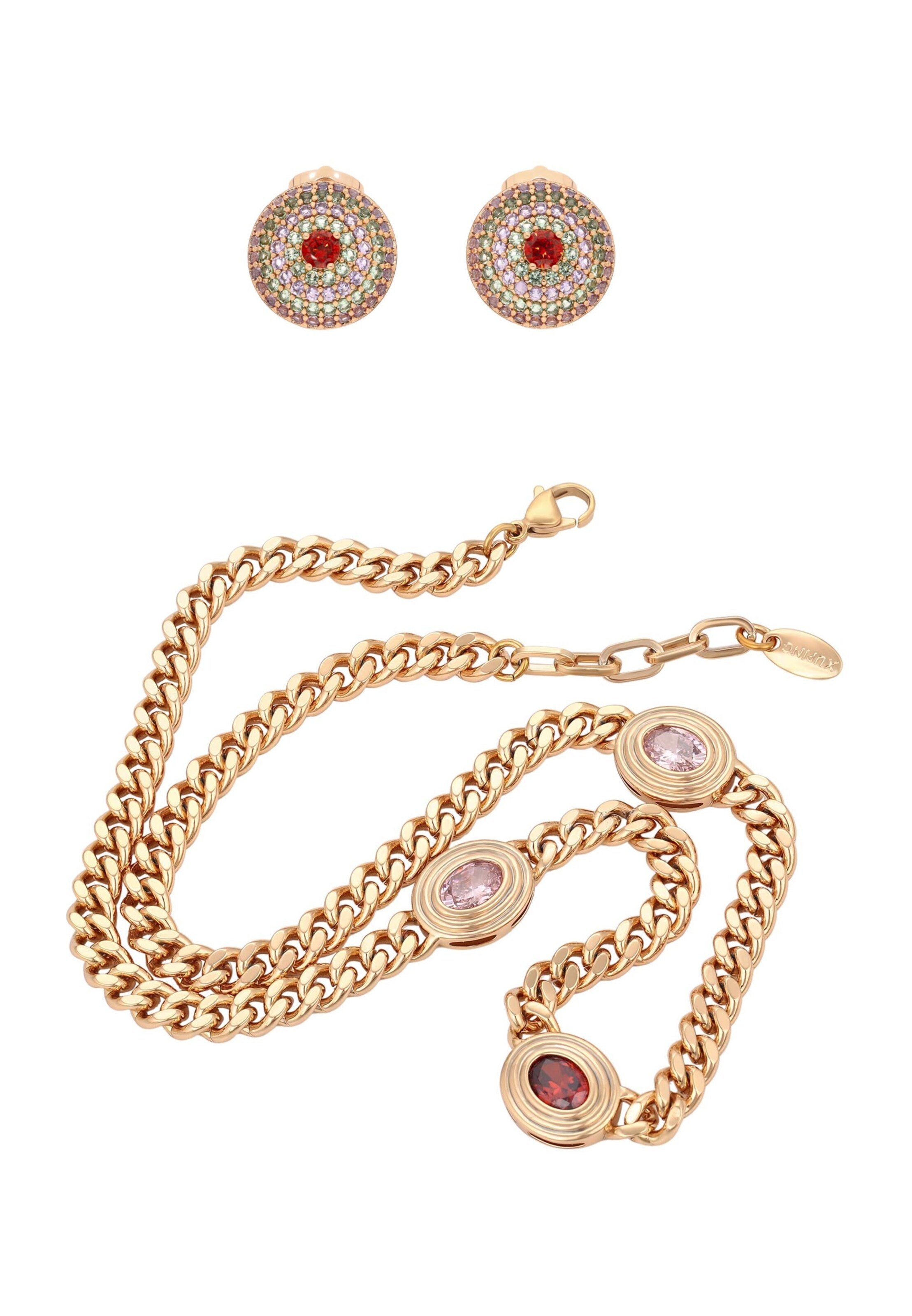 faina Sieraden set in de kleur Goud / Lichtgroen / Rosa / Donkerrood, Productweergave