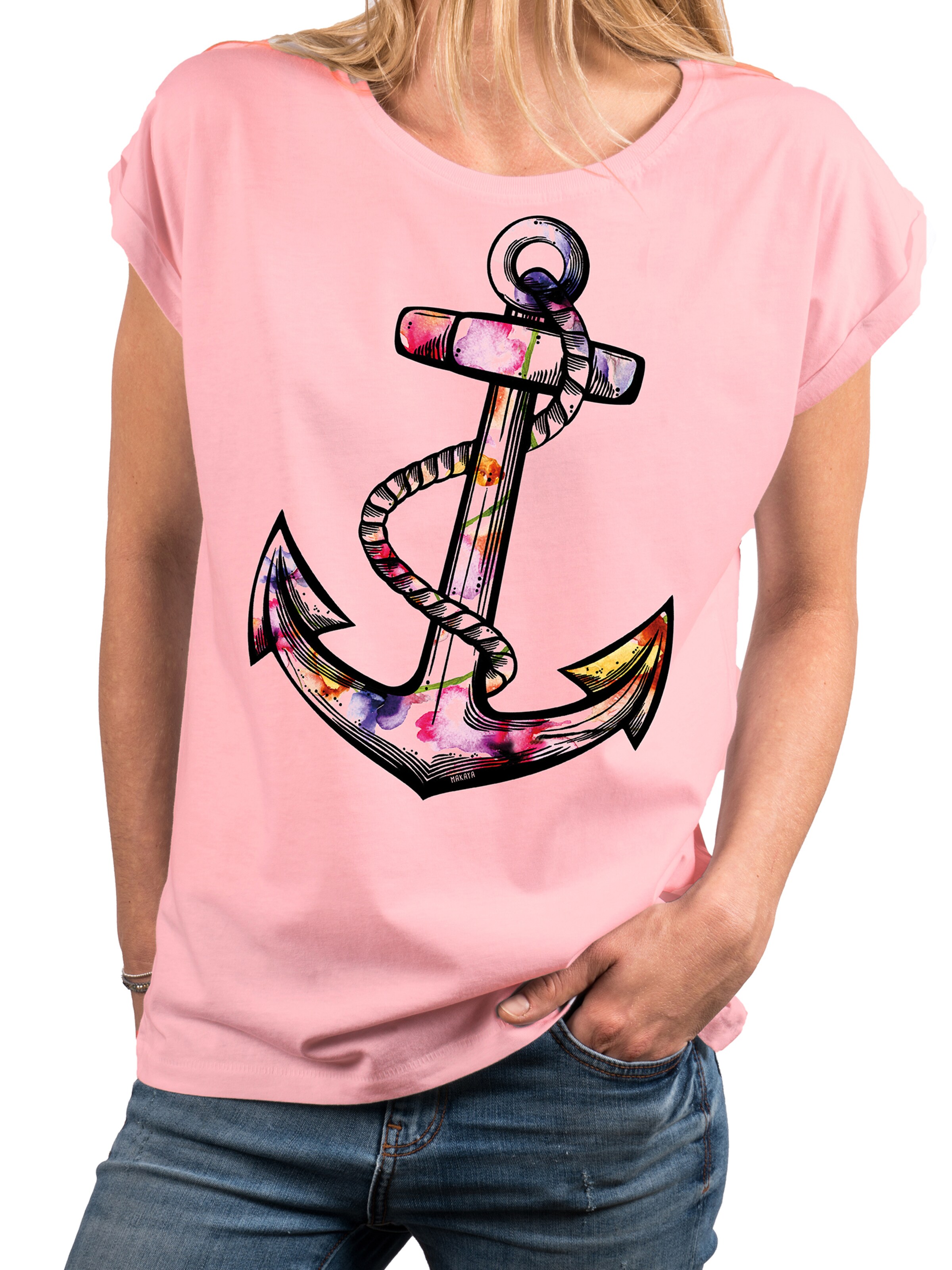 MAKAYA Shirt 'Blumen Anker' in Pink
