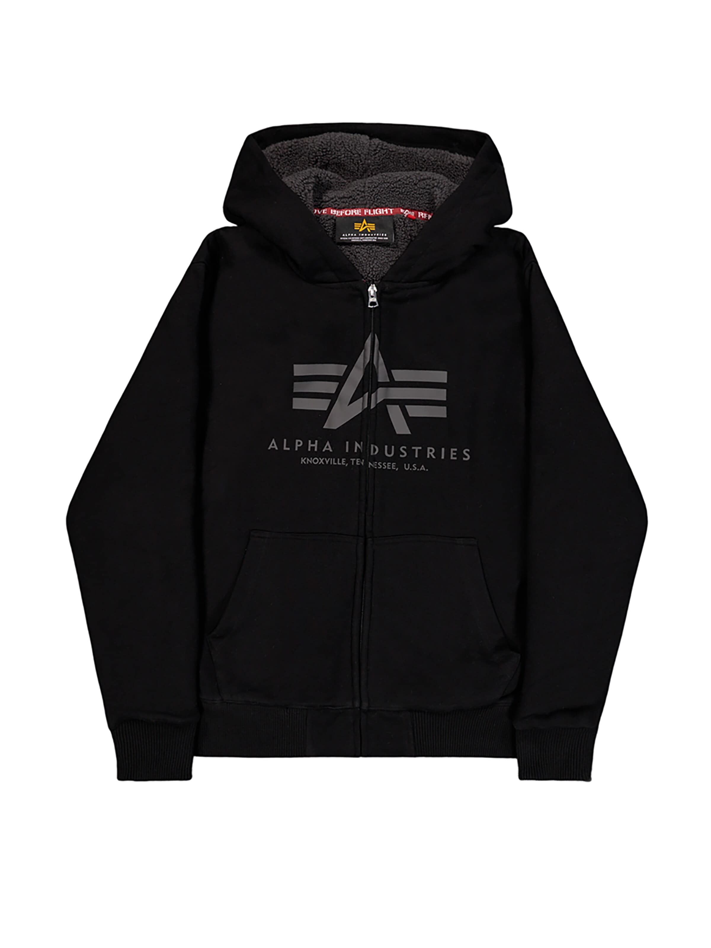 ALPHA INDUSTRIES Zip-Up Hoodie 'Sherpa' in Black: front
