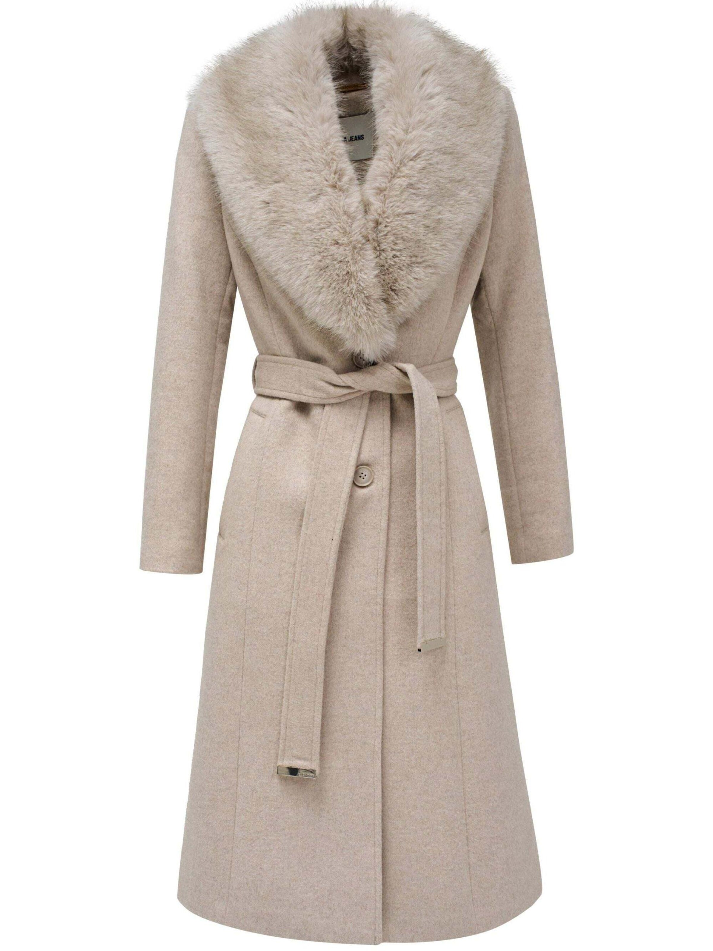 Salsa Jeans Wintermantel 'Long Wool Coat Faux Fur Belt' in Beige: voorkant