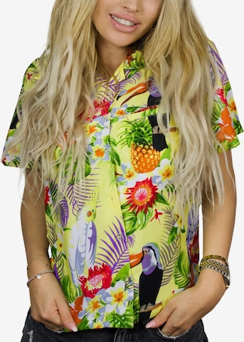 Camicia da donna 'Parrot Cockatoo' di King Kameha in giallo: frontale