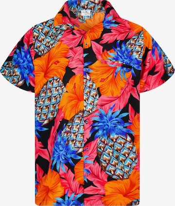 King Kameha Shirt 'Pineapple Hibiscus Black Line' in Rood: voorkant