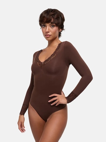 cfab - Body moldeador 'Clean Longsleeve V-Neck with Lace Sculpting Bodysuit with String' en marrón
