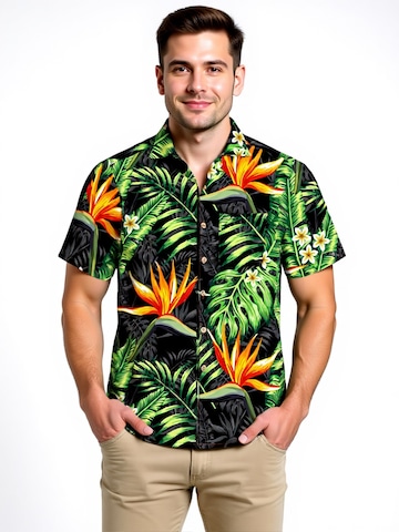 Hawaiihemdshop.de Regular fit Button Up Shirt 'Hawaiihemd "Bird of Paradise"' in Black