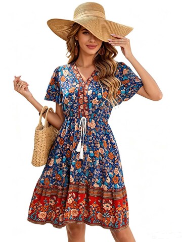 KoJooin Sukienka 'Damen Sommerkleid mit Kurzarm, platziertem Blumenprint und lässigem Boho-Look' w kolorze niebieski