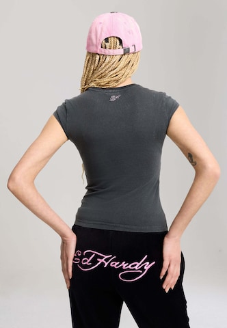 Ed Hardy T-Shirt 'Blumen-Totenkopf' in Grau