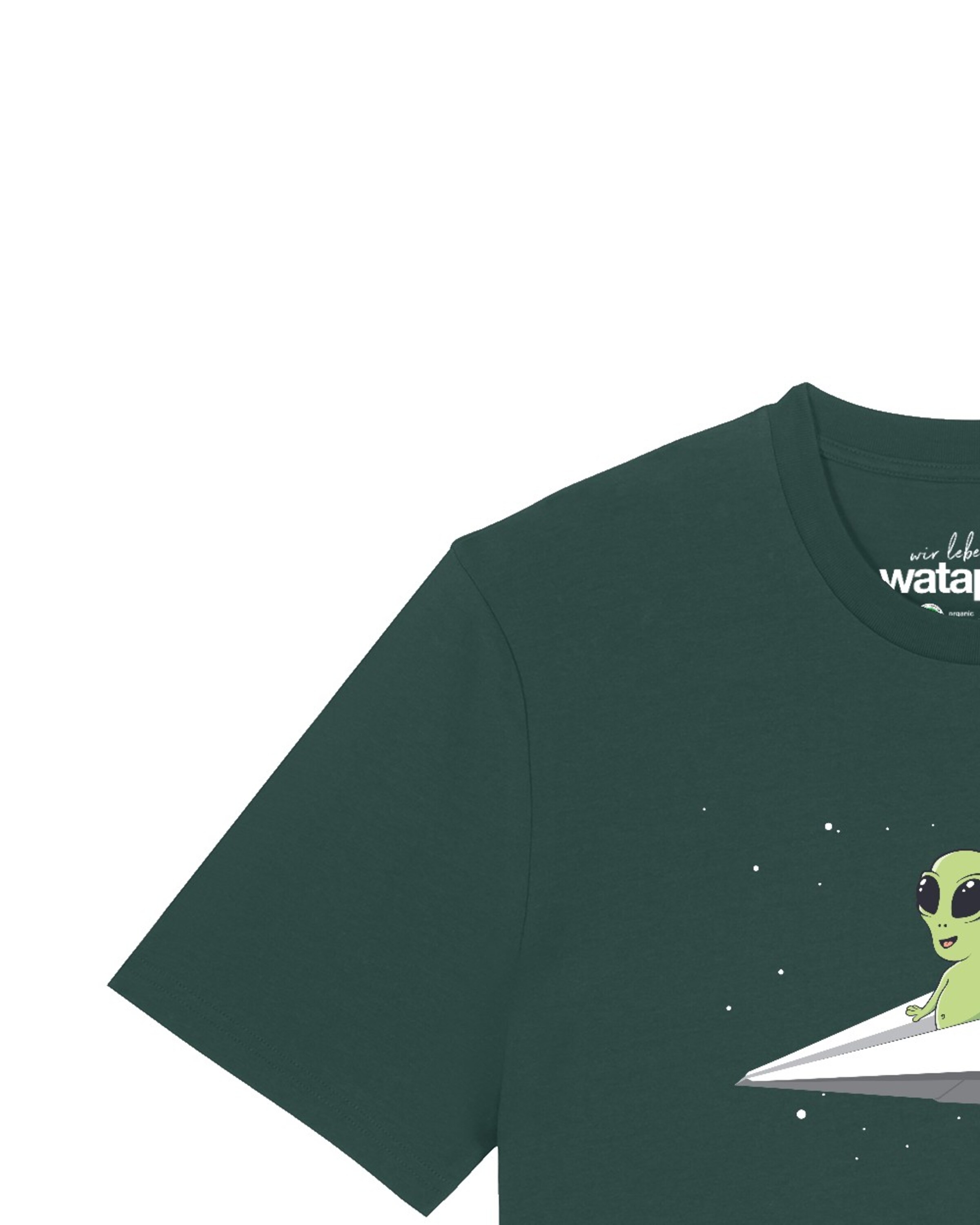Maglietta 'Alien on a paper plane' di Watapparel in verde