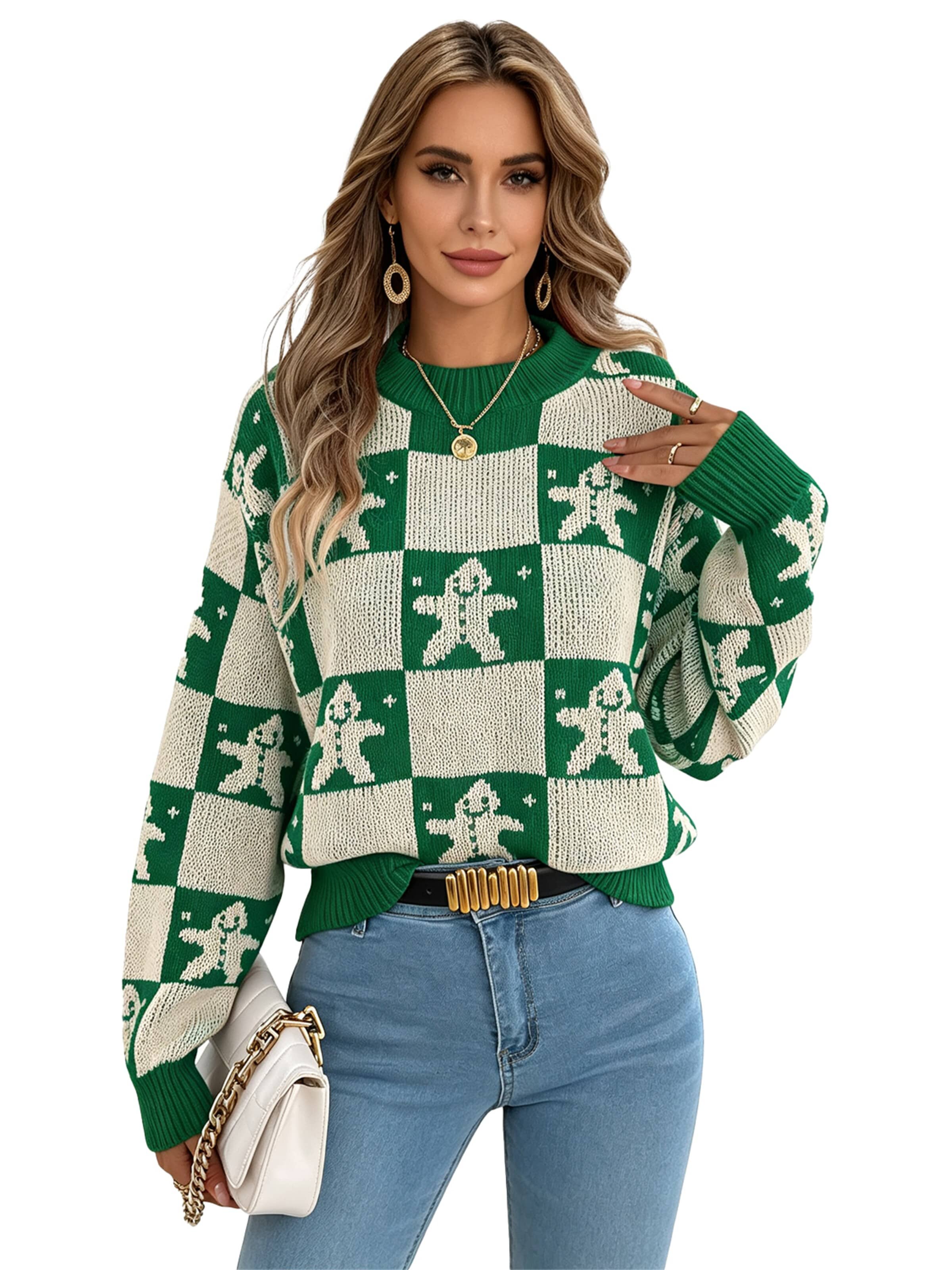 KoJooin Pullover 'Damen Weihnachtspullover mit Rentier- und Karomuster – Gemütlicher Langarm-Pullover mit Puffärmeln' in Grün