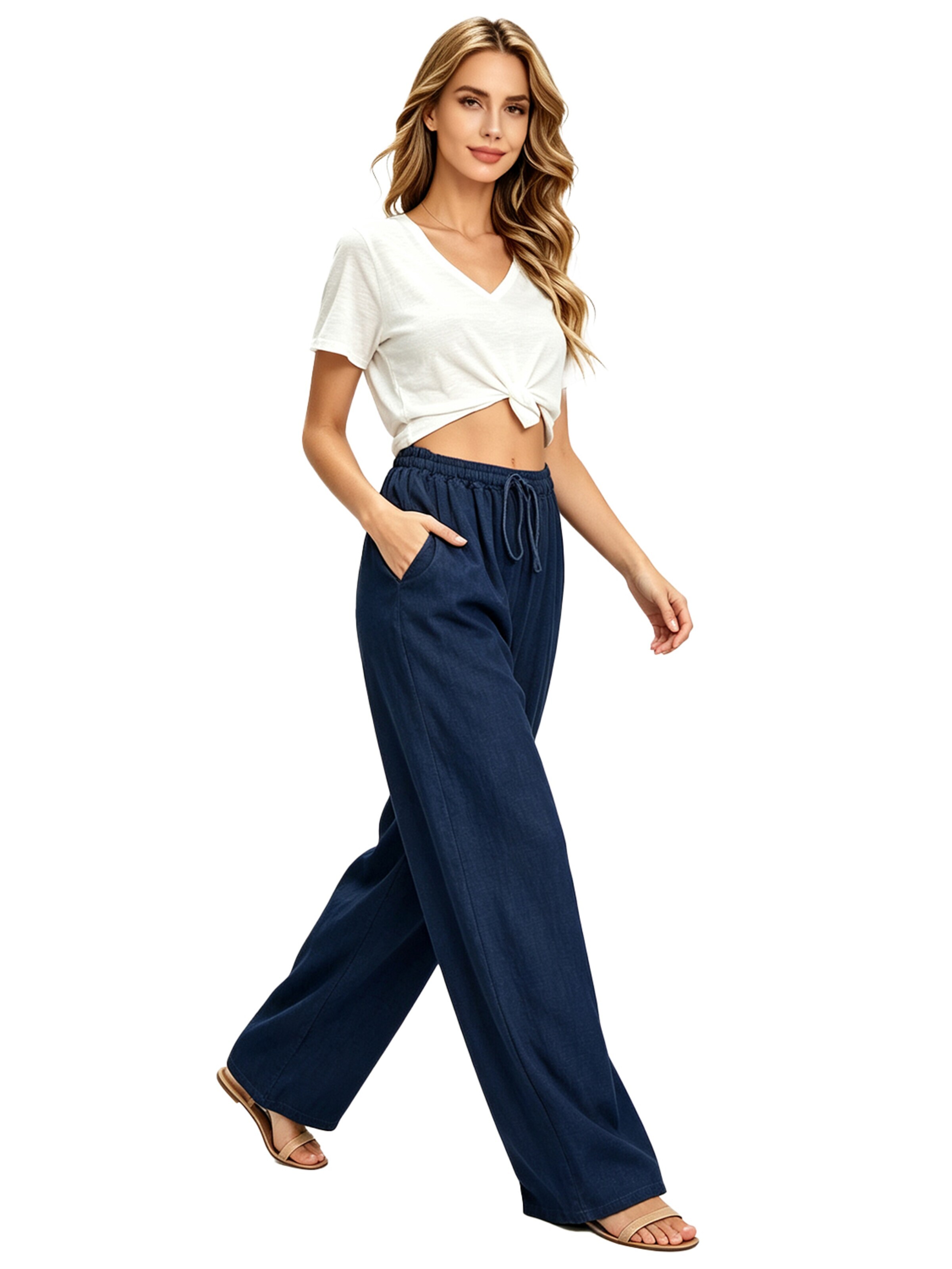 KoJooin Szeroka nogawka Spodnie 'Damen Baumwoll-Leinen-Hose mit Kordelzug,hoher Taille und weitem Bein Bequeme, lockere Freizeithose' w kolorze niebieski