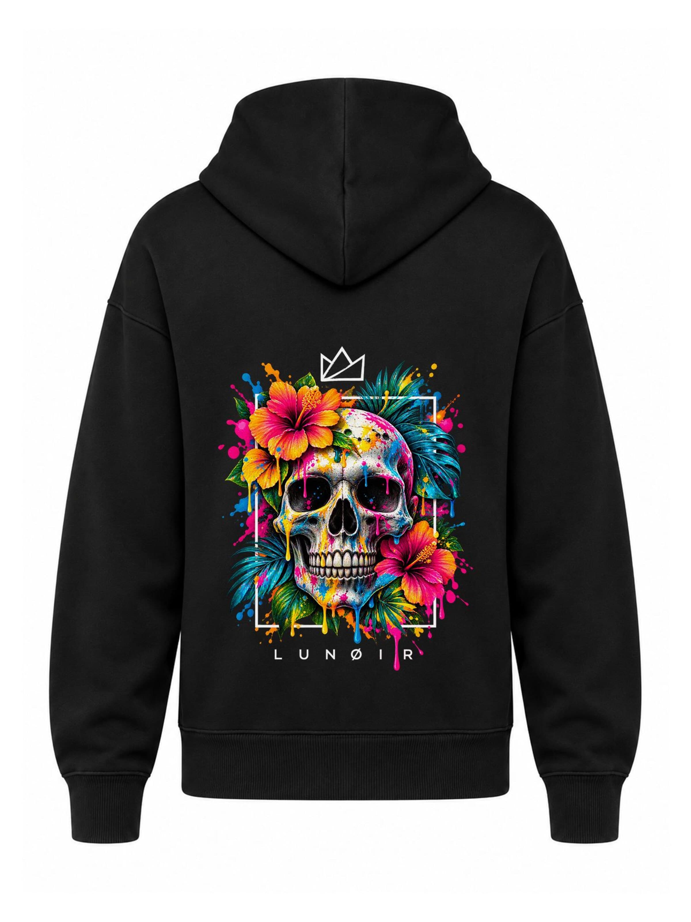 LUNØIR StudioSweater majica 'Tropical Riot – Bloom Skull' - crna boja: prednji dio