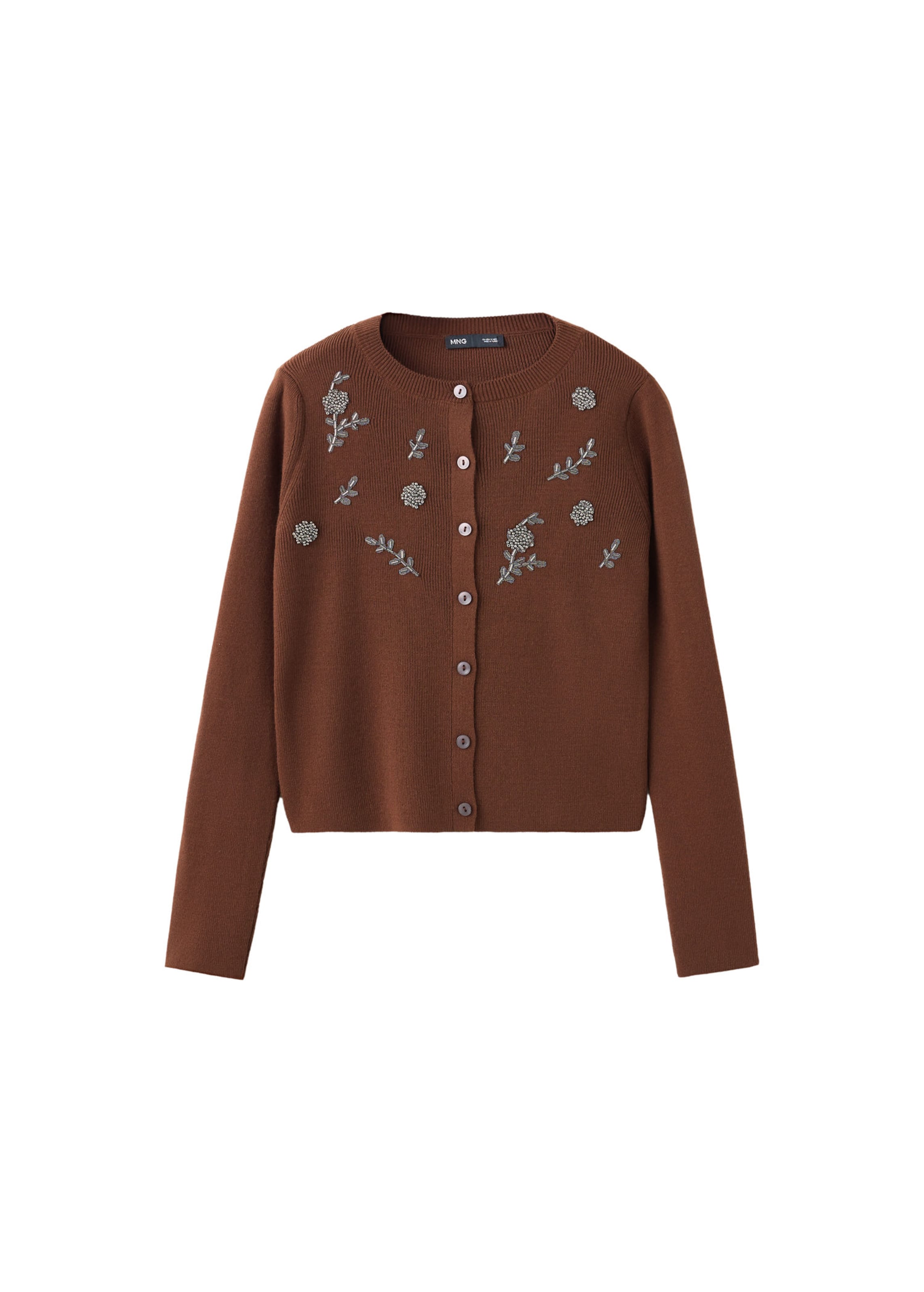 MANGO Cardigan 'FLORCITA' en XS en chocolat / argent, Vue avec produit