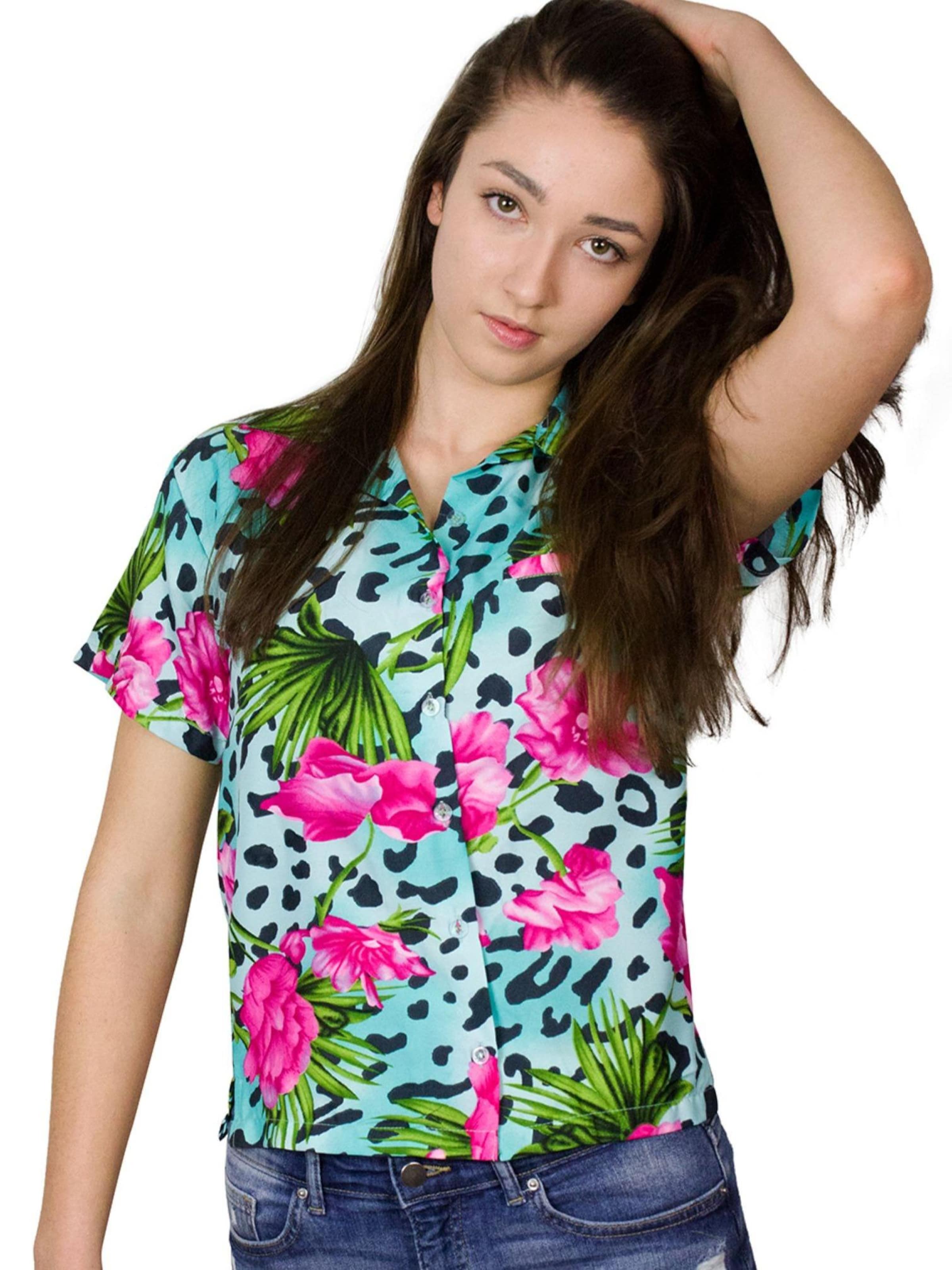King Kameha Blouse 'Leopard Flowers' in Blue: front