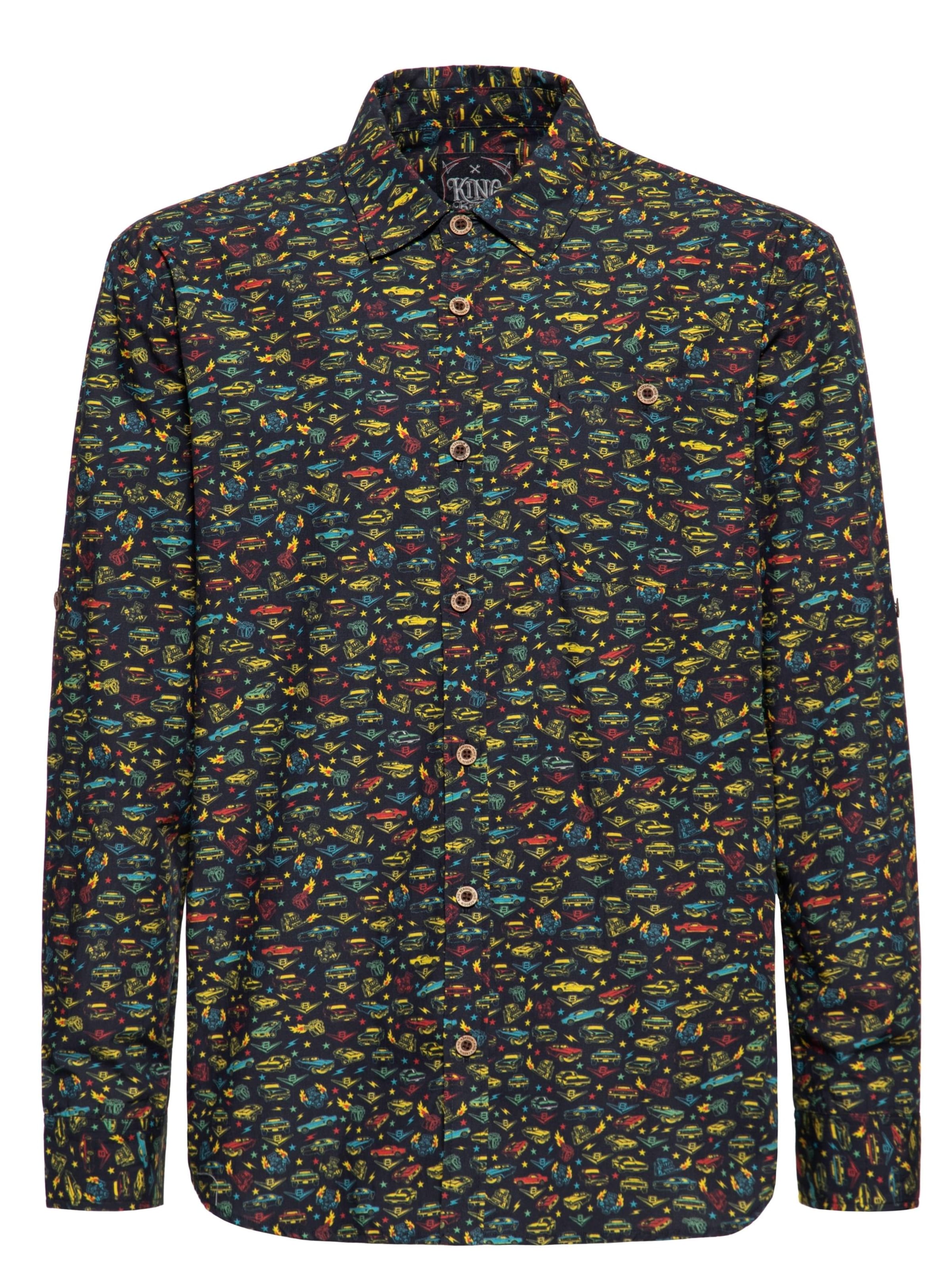 King Kerosin Regular fit Button Up Shirt 'V8 Muscle Cars' in Black: front