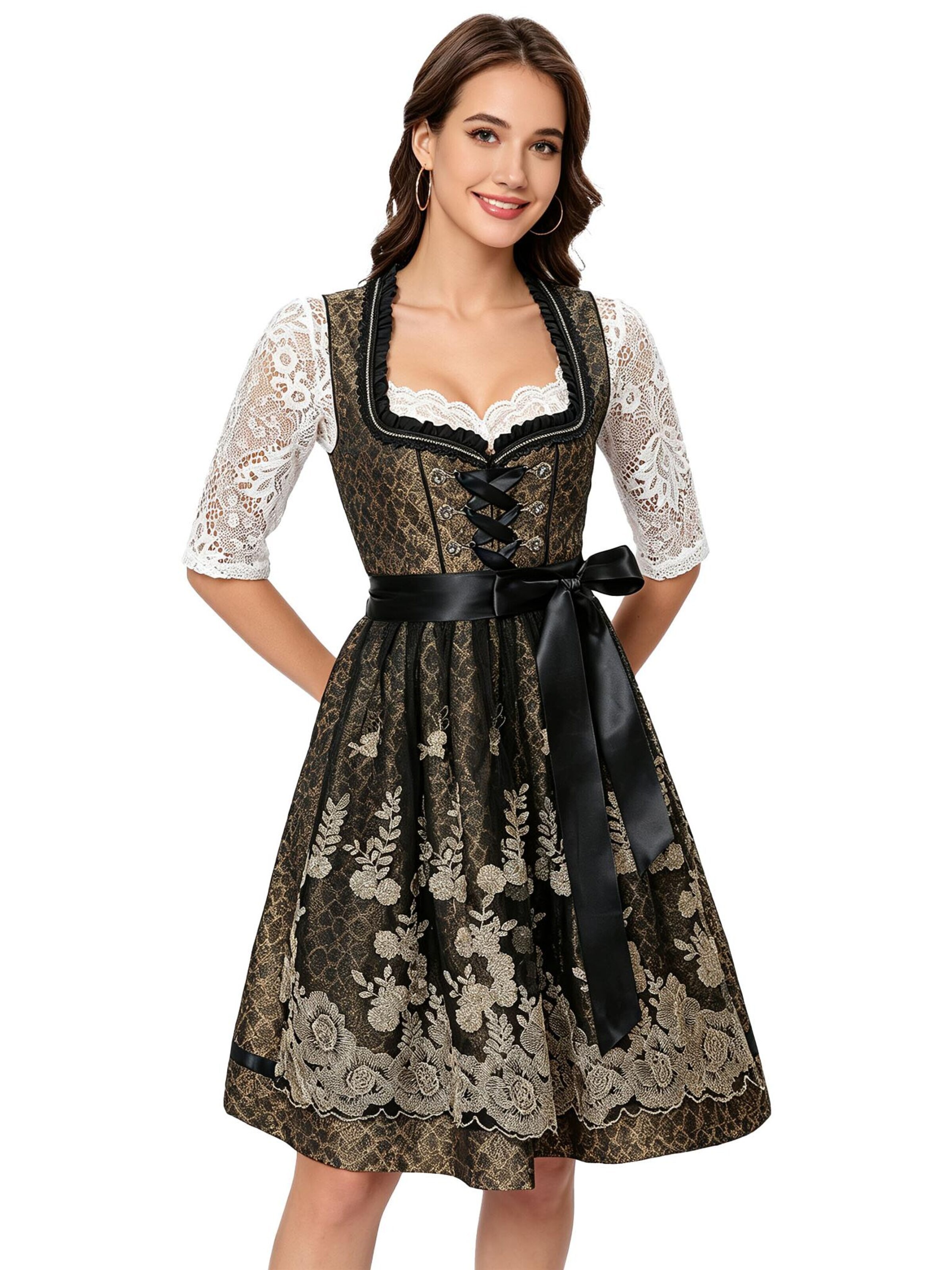 KoJooin Dirndl 'Damen Dreiteiliges Oktoberfest Set Kleid,Spitzenbluse mit Blumenmotiv goldbestickte Tüllschürze'‌ in Schwarz