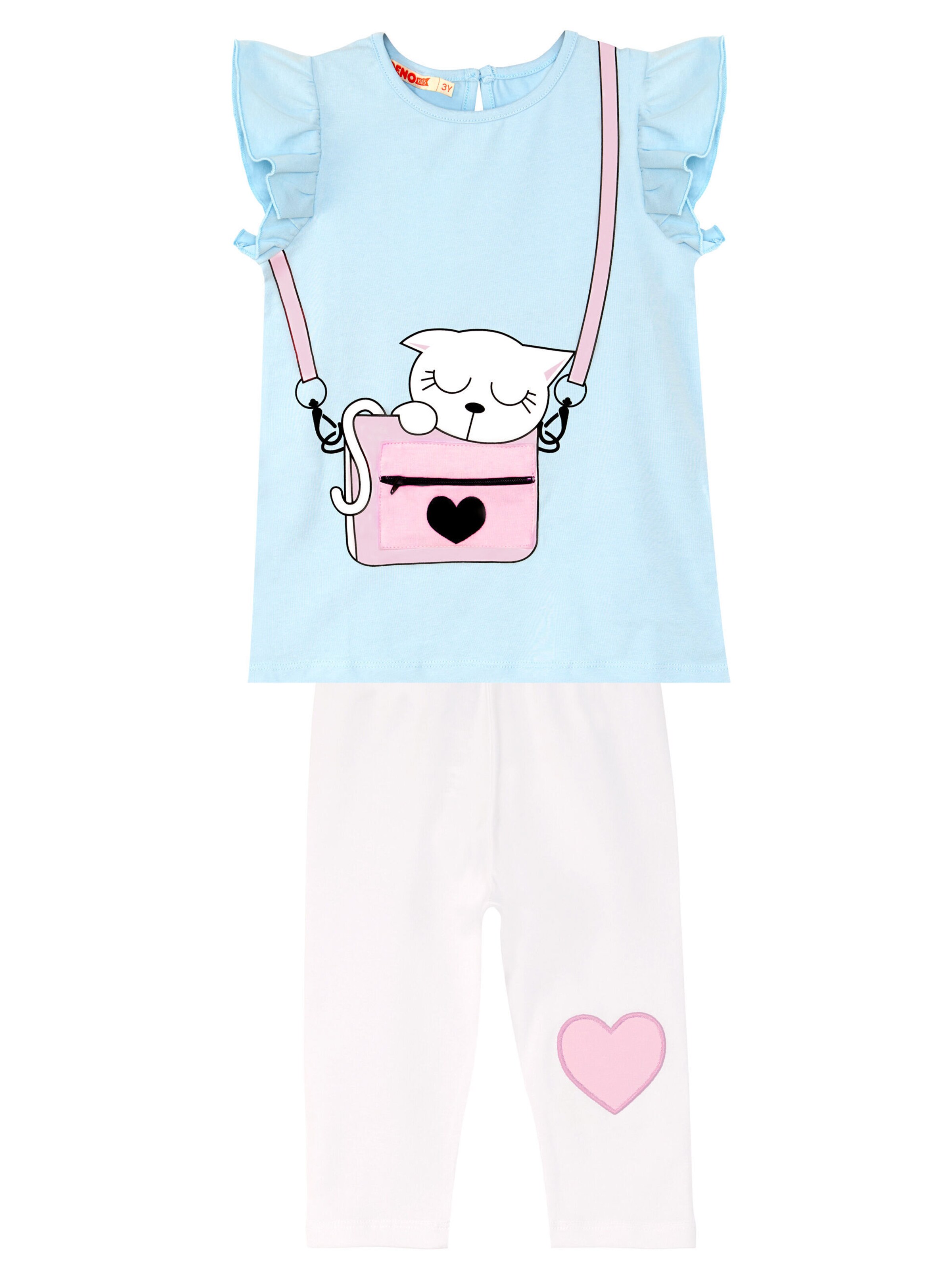 Denokids Set 'Cat in Bag' in Blau: Vorderseite