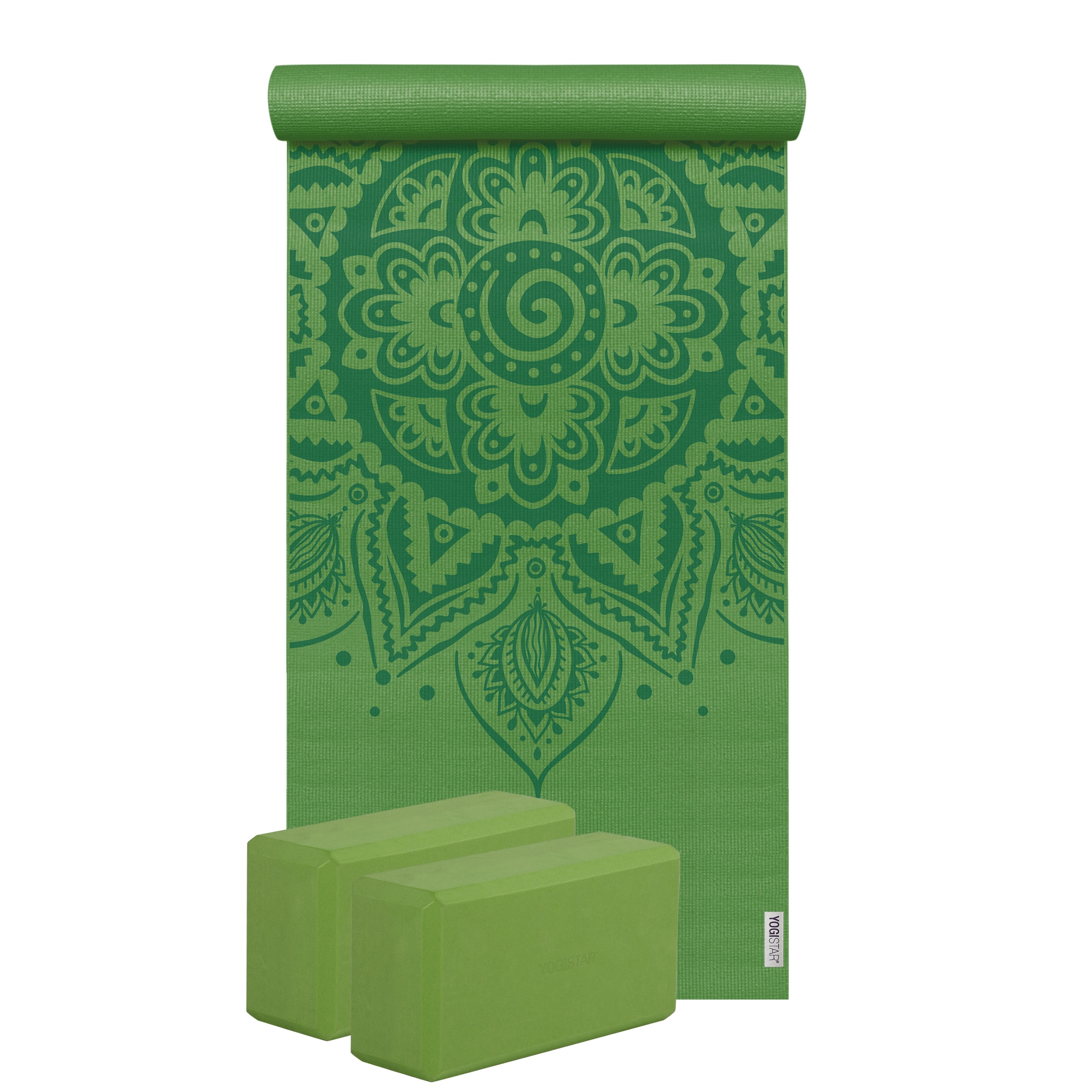 YOGISTAR.COM Yogamatte + 2 Yogablöcke  'Spiral Mandala' in Grün: Vorderseite