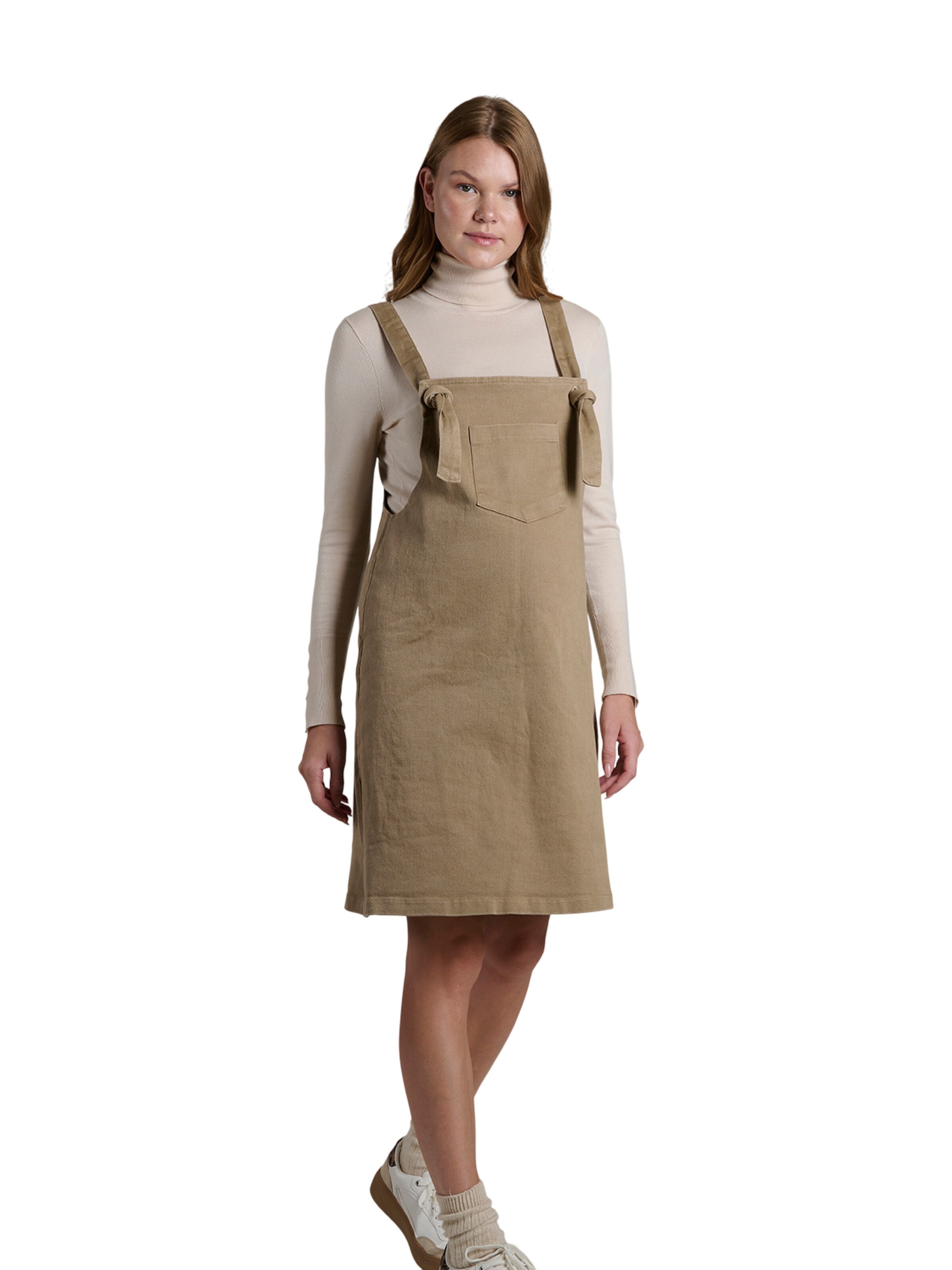 LYN MAMA Dungaree skirt in Beige: front